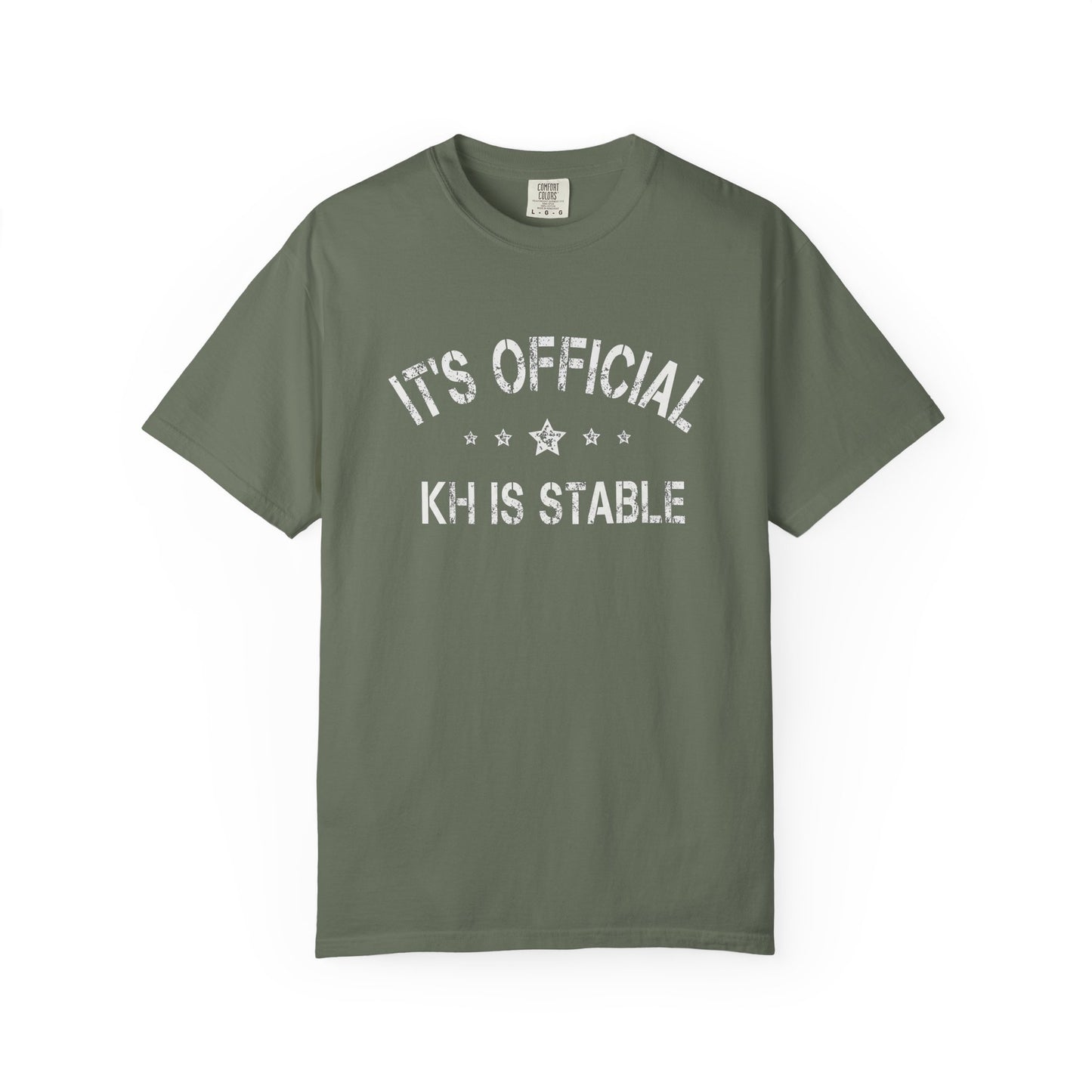 Broke Reefers graphic t-shirt featuring a bold, minimalist text design that reads: IT’S OFFICIAL, KH IS STABLE, military green crew neck tee