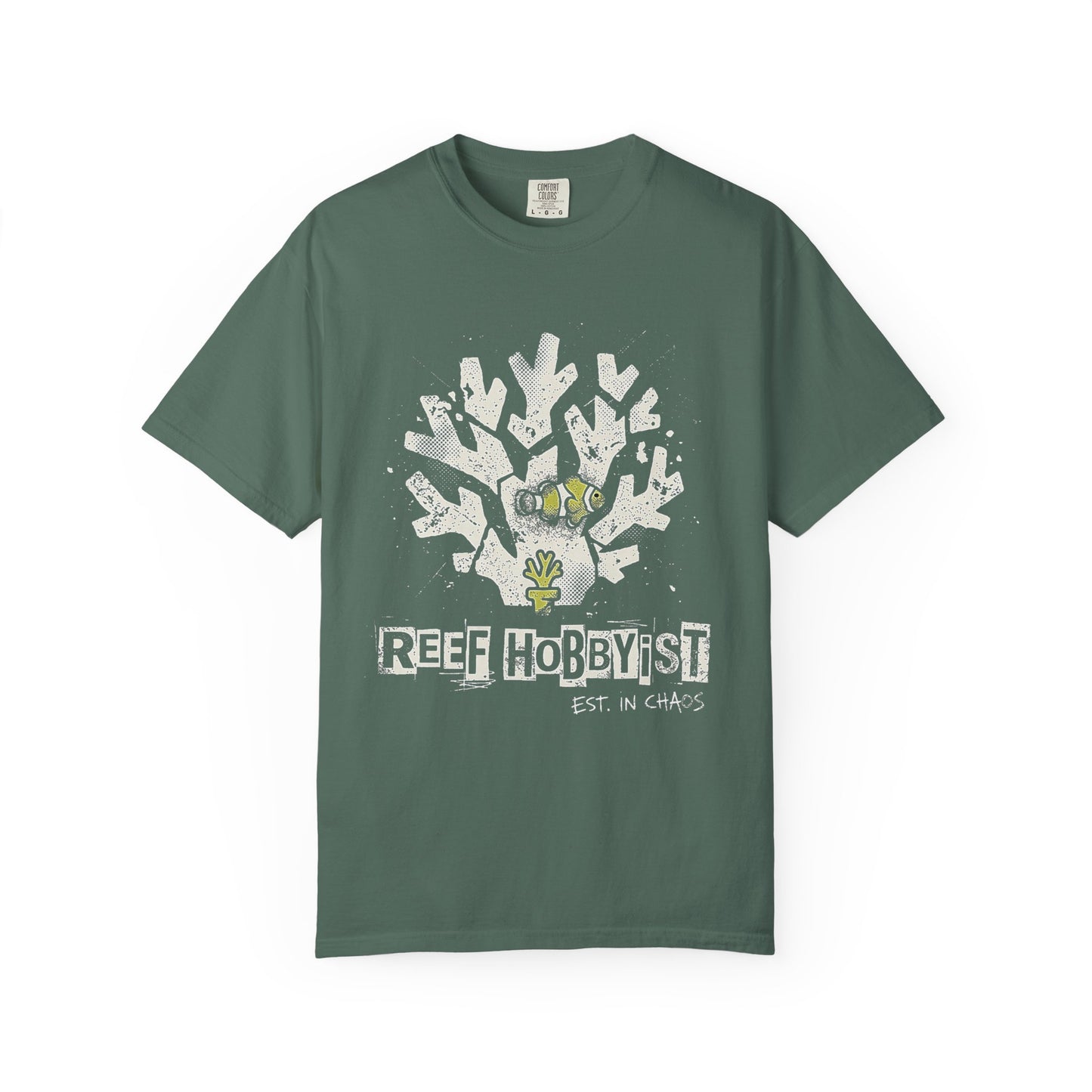Broke Reefers graphic t-shirt featuring a bold silhouette illustration of a clownfish and coral with the text: REEF HOBBYIST, EST. IN CHAOS, military green crew neck tee