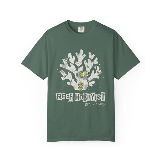 Broke Reefers graphic t-shirt featuring a bold silhouette illustration of a clownfish and coral with the text: REEF HOBBYIST, EST. IN CHAOS, military green crew neck tee