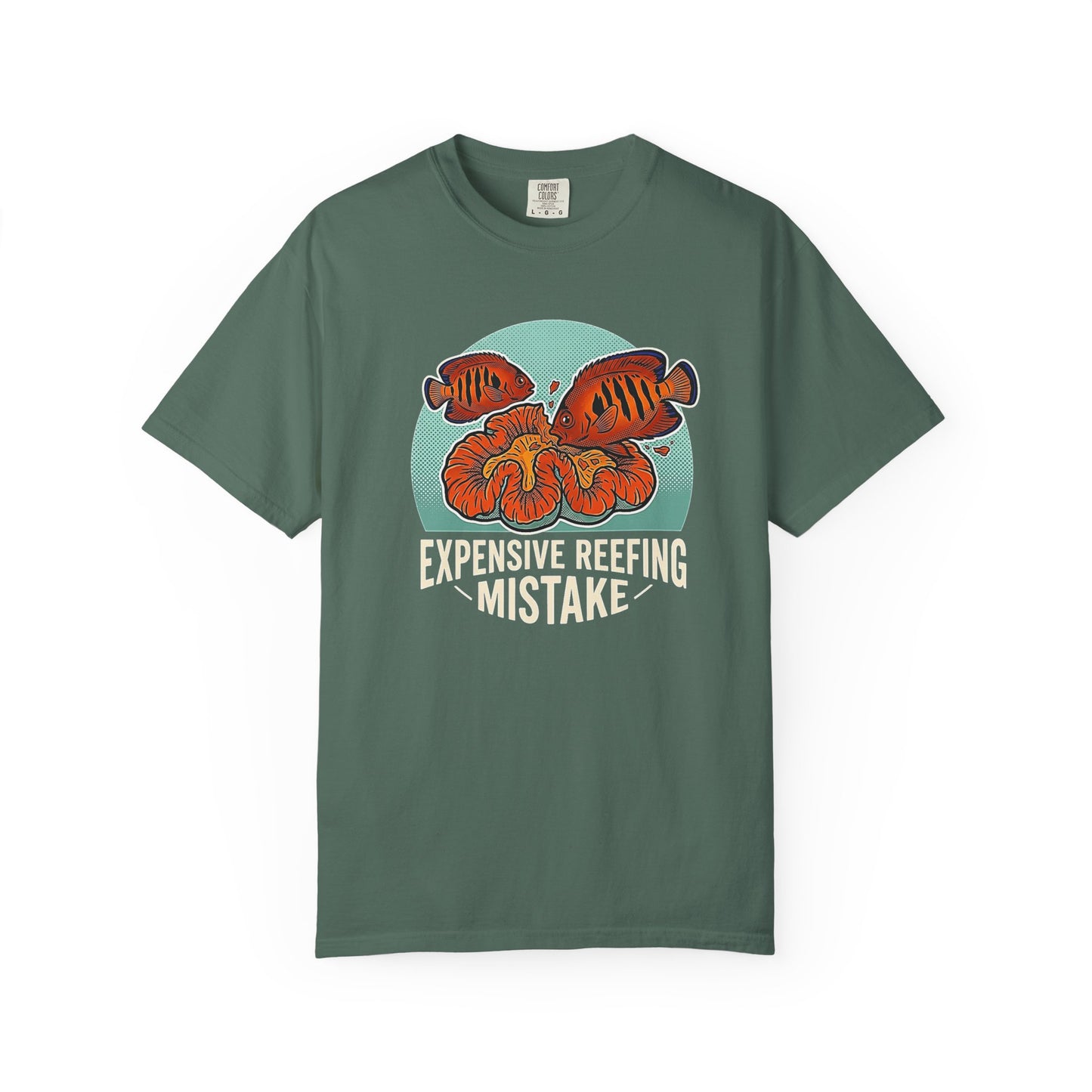 Broke Reefers graphic t-shirt featuring an illustration of a fish eating coral with the text: EXPENSIVE REEFING MISTAKE, military Green crew neck tee