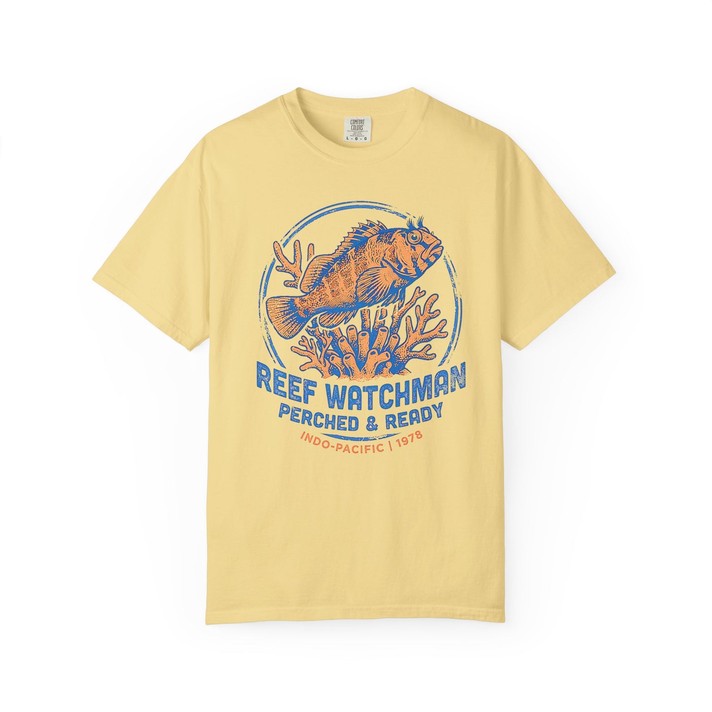 Broke Reefers saltwater aquarium graphic t-shirt featuring a detailed, vintage-style badge illustration of a blenny on coral with the text: REEF WATCHMAN PERCHED & READY INDO-PACIFIC | 1978, yellow crew neck tee