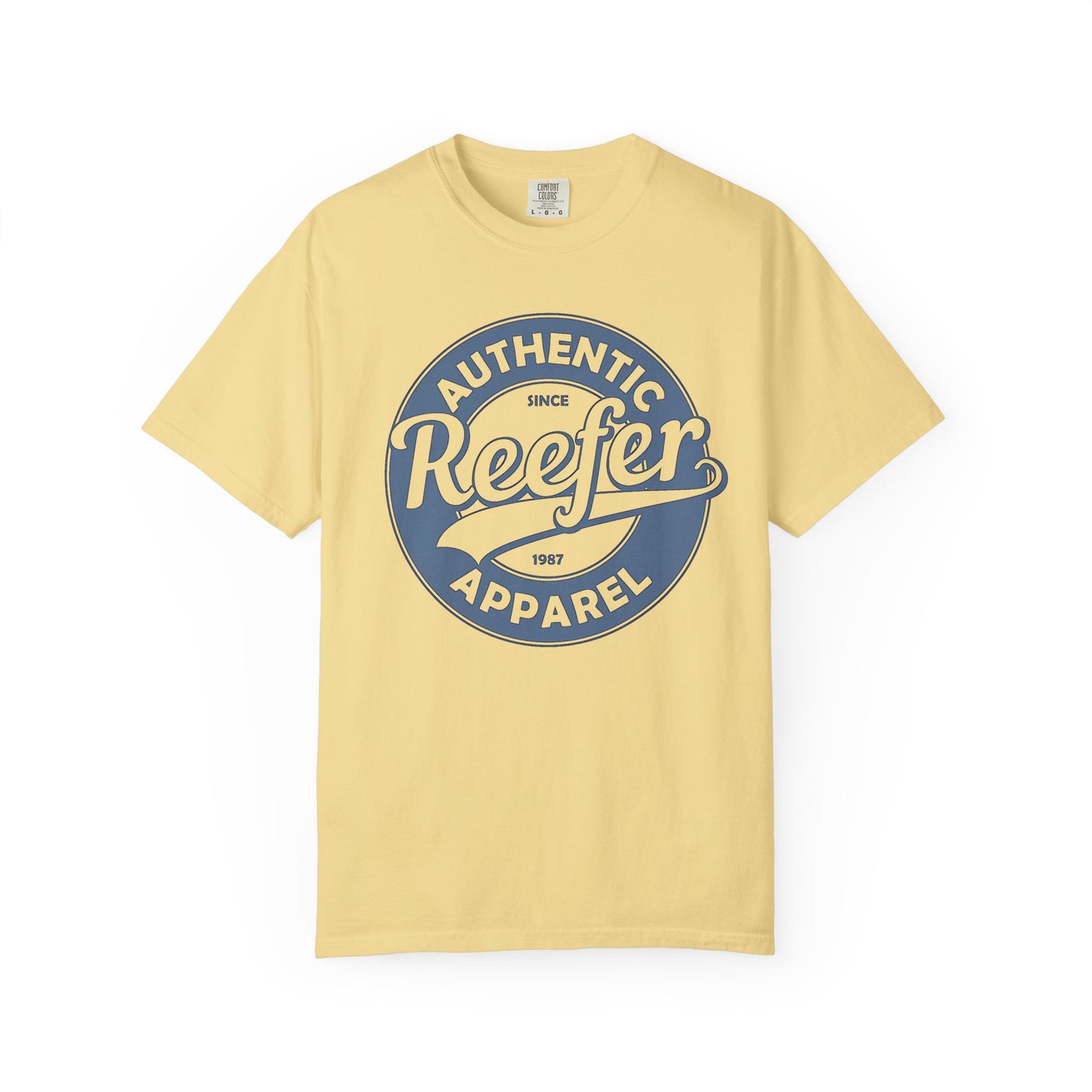 Vintage-inspired graphic t-shirt featuring a circular badge design that reads: AUTHENTIC REEFER APPAREL SINCE 1987, yellow crew neck tee