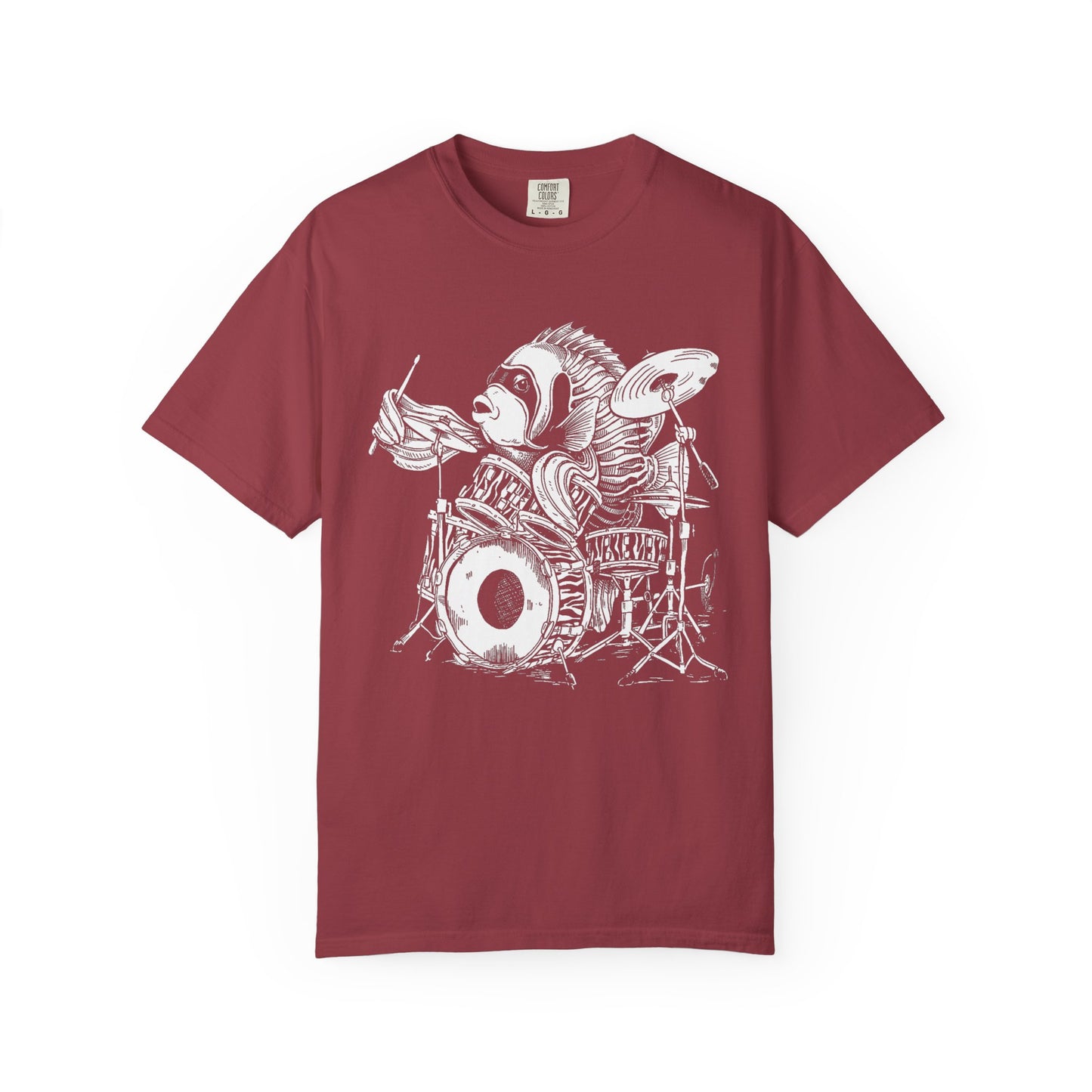 Broke Reefers saltwater aquarium graphic t-shirt featuring a detailed black-and-white illustration of an Emperor Angelfish playing a drum kit,  maroon crew neck tee