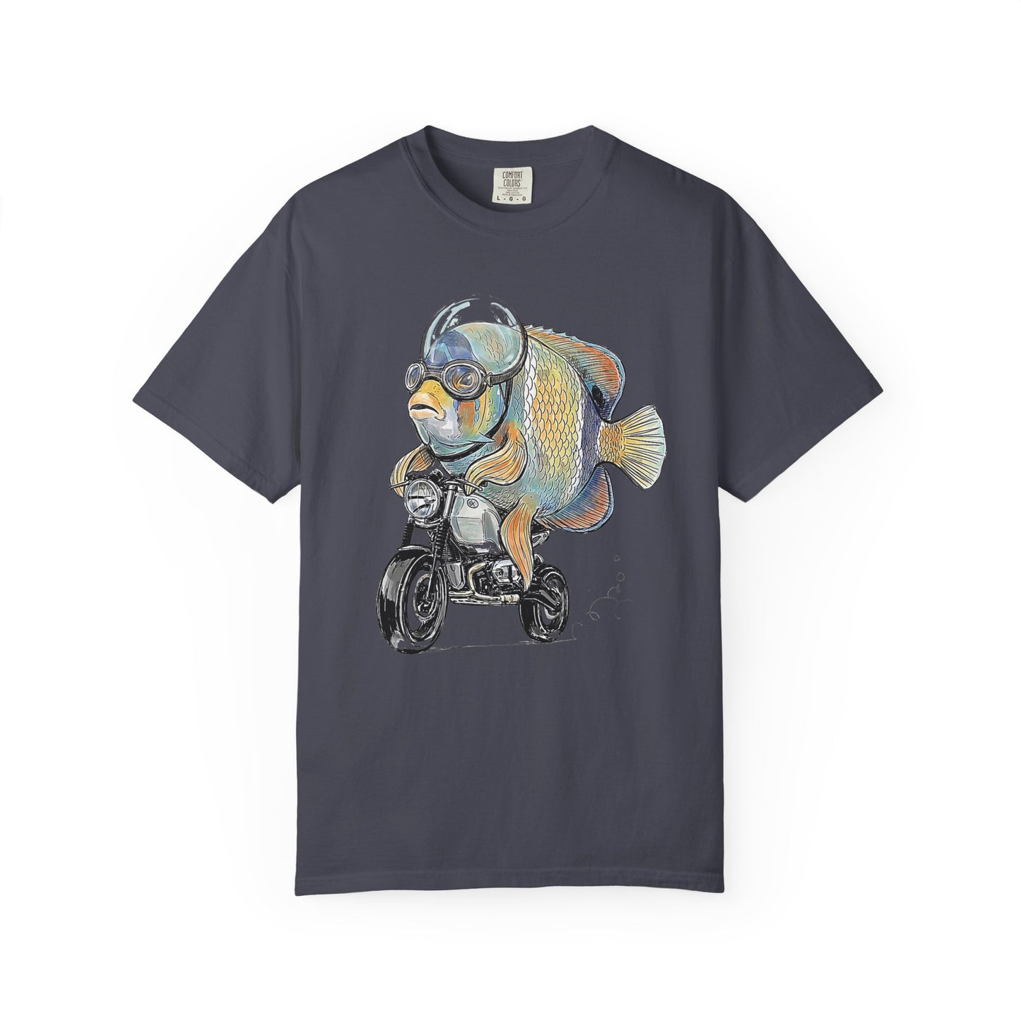 Broke Reefers saltwater aquarium graphic t-shirt featuring a detailed, whimsical illustration of a Majestic Angelfish in a bubble helmet riding a motorcycle, navy crew neck tee