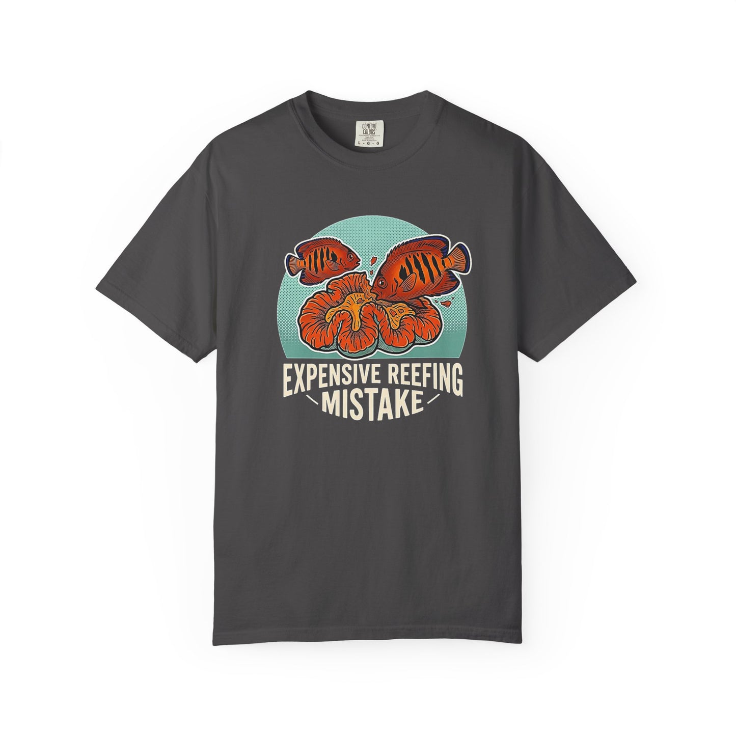 Broke Reefers graphic t-shirt featuring an illustration of a fish eating coral with the text: EXPENSIVE REEFING MISTAKE, dark khaki crew neck tee
