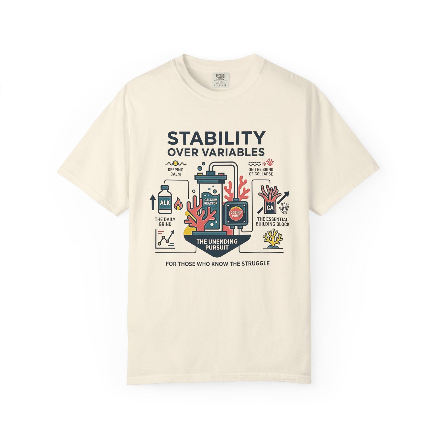 Broke Reefers saltwater aquarium graphic t-shirt featuring a detailed technical infographic illustration of reef stability components with the text: STABILITY OVER VARIABLES. THE UNENDING PURSUIT. FOR THOSE WHO KNOW THE STRUGGLE,  beige cream crew neck tee