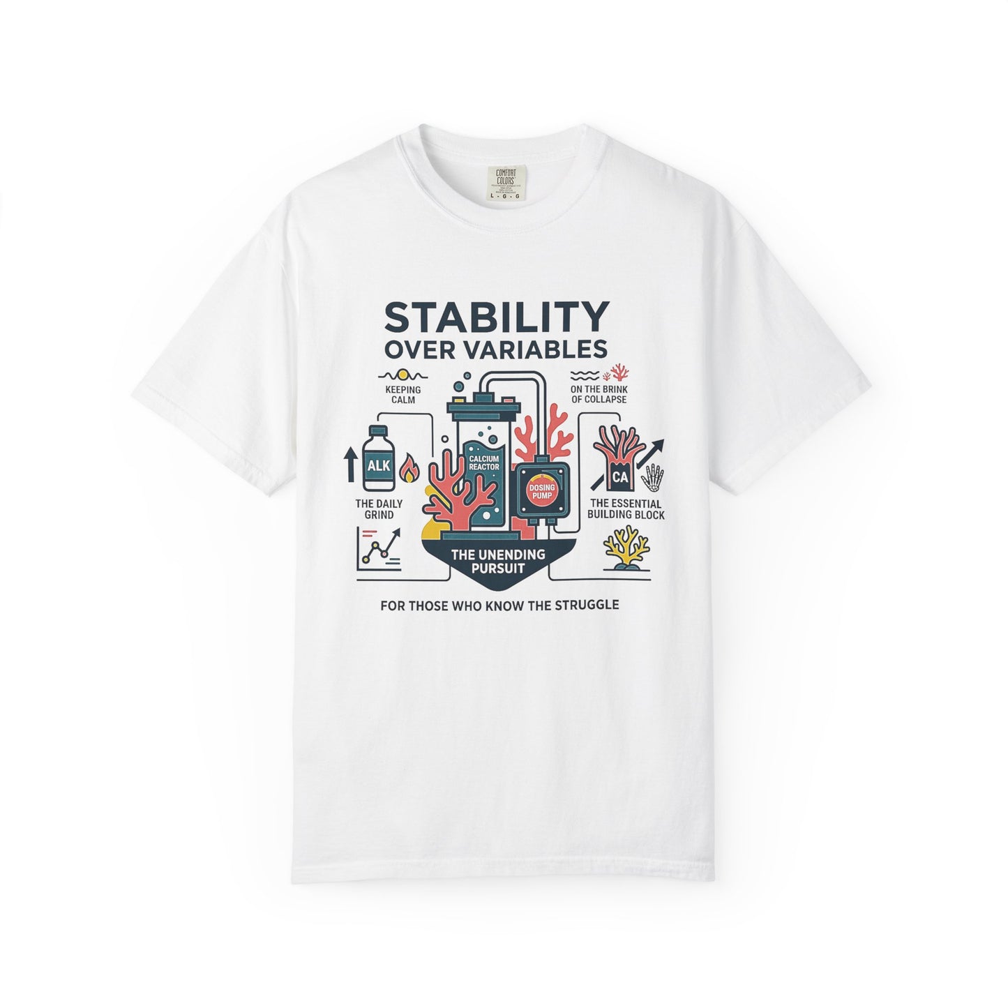 Broke Reefers saltwater aquarium graphic t-shirt featuring a detailed technical infographic illustration of reef stability components with the text: STABILITY OVER VARIABLES. THE UNENDING PURSUIT. FOR THOSE WHO KNOW THE STRUGGLE, white crew neck tee