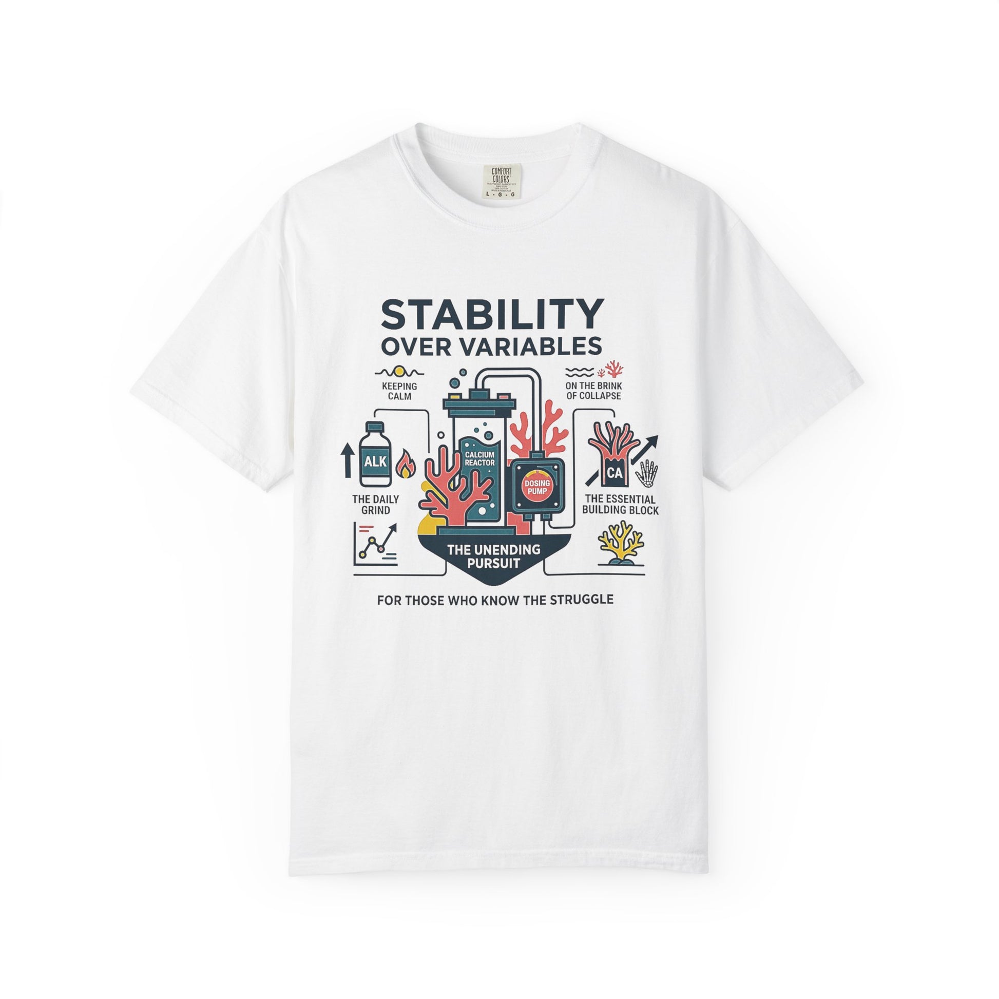 Broke Reefers saltwater aquarium graphic t-shirt featuring a detailed technical infographic illustration of reef stability components with the text: STABILITY OVER VARIABLES. THE UNENDING PURSUIT. FOR THOSE WHO KNOW THE STRUGGLE, white crew neck tee