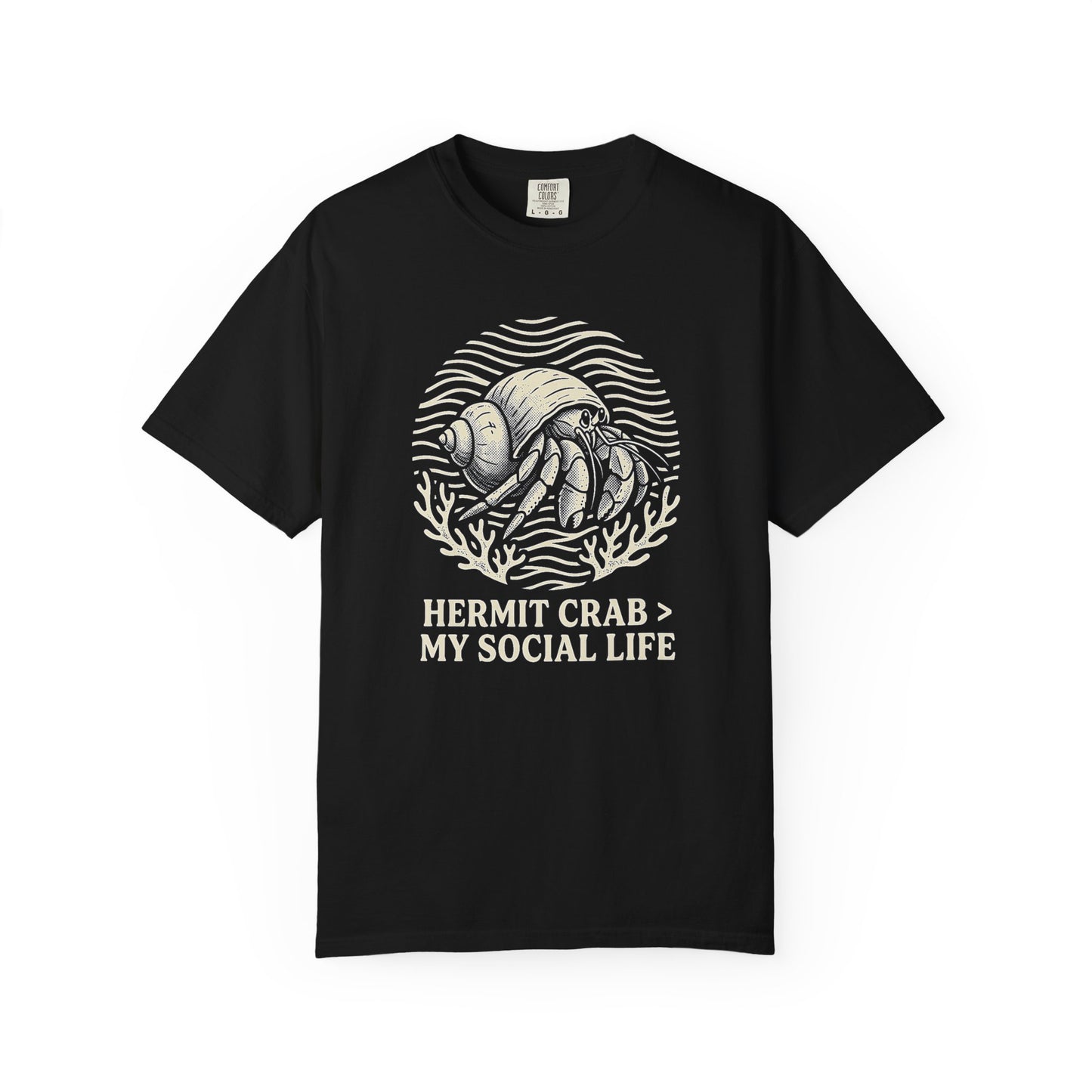 Broke Reefers saltwater aquarium graphic t-shirt featuring a badge illustration of a hermit crab with the text: HERMIT CRAB > MY SOCIAL LIFE, black crew neck tee