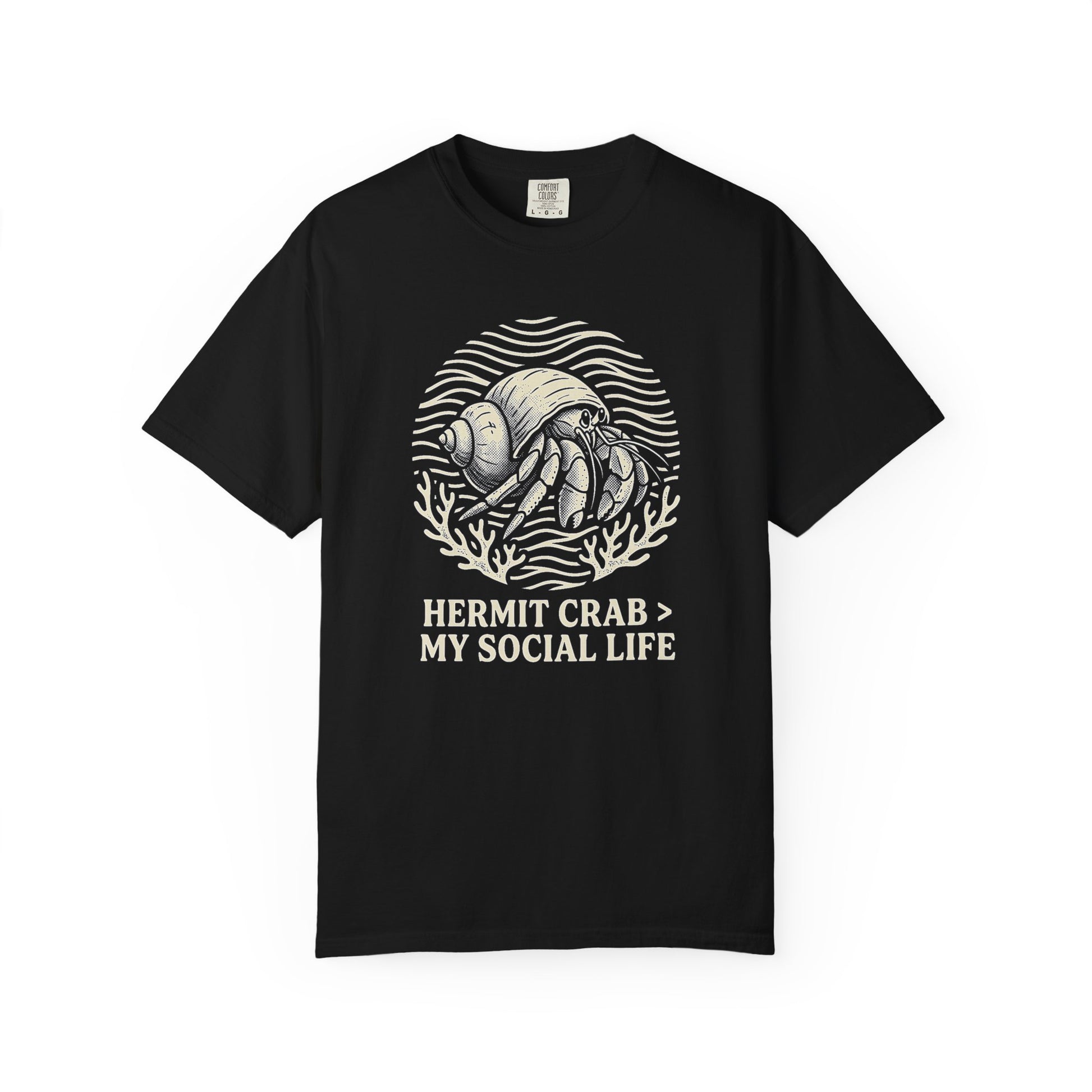 Broke Reefers saltwater aquarium graphic t-shirt featuring a badge illustration of a hermit crab with the text: HERMIT CRAB > MY SOCIAL LIFE, black crew neck tee