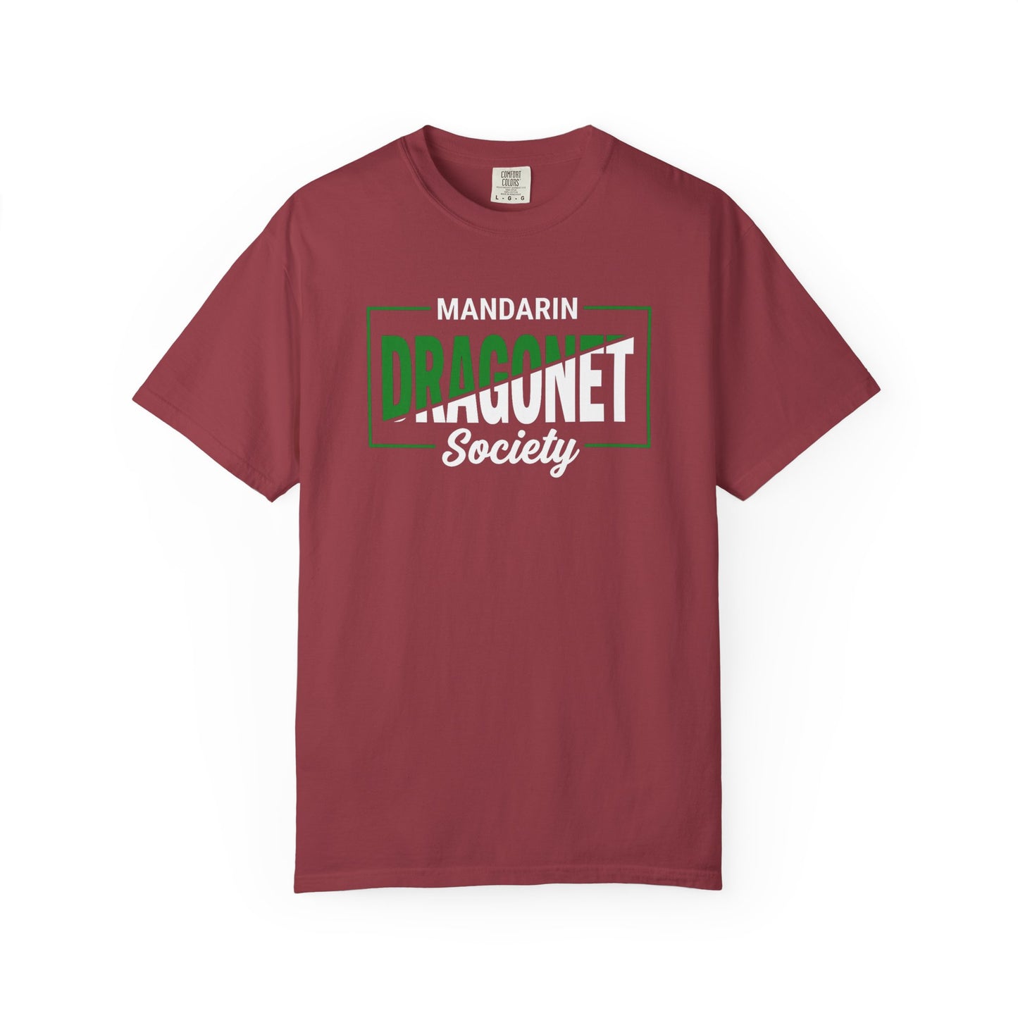 Broke Reefers saltwater aquarium graphic t-shirt featuring modern, bold typography that reads: MANDARIN DRAGONET Society, maroon crew neck tee