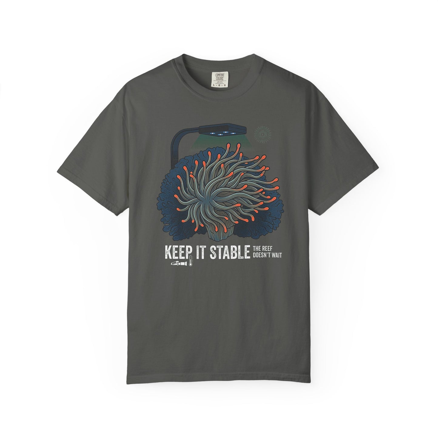 Broke Reefers graphic t-shirt featuring an illustration of an anemone under aquarium lighting with icons for a refractometer and thermometer, and the text: KEEP IT STABLE THE REEF DOESN'T WAIT, dark grey crew neck tee