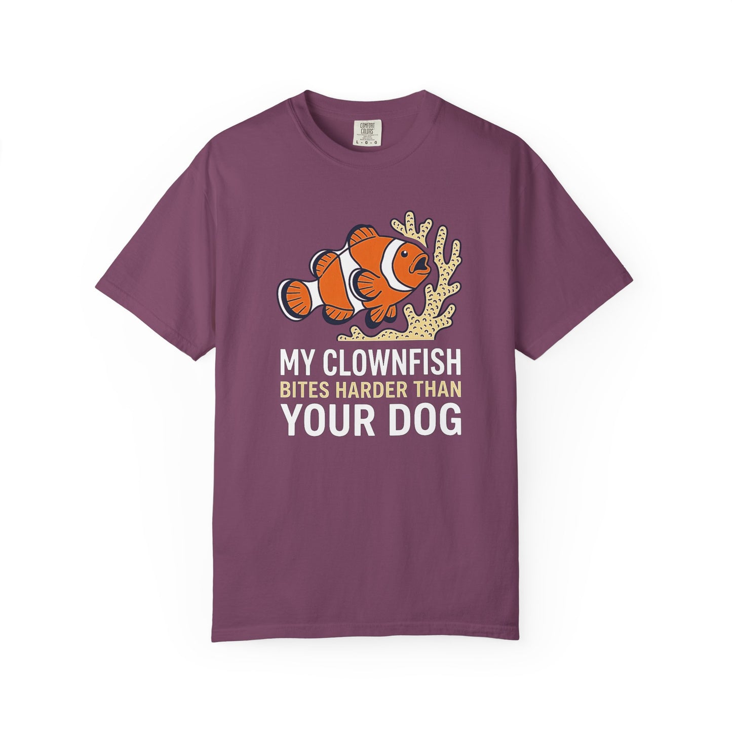 Broke Reefers saltwater aquarium graphic t-shirt featuring an illustration of a clownfish on coral with the text: MY CLOWNFISH BITES HARDER THAN YOUR DOG, purple crew neck tee