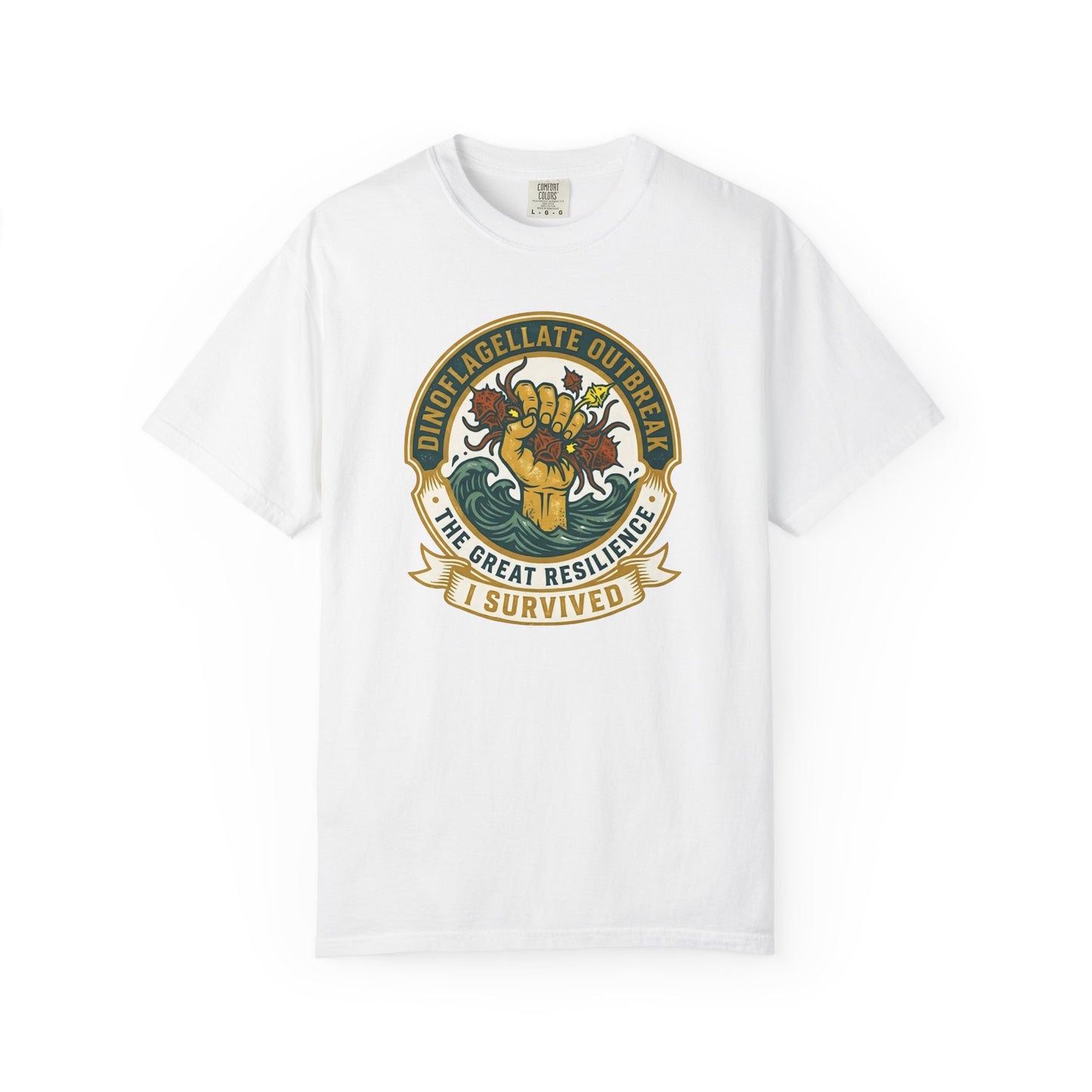 Broke Reefers graphic t-shirt featuring a victory-themed emblem with the text: DINOFLAGELLATE OUTBREAK, THE GREAT RESILIENCE, I SURVIVED, white crew neck tee