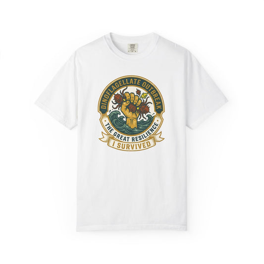 Broke Reefers graphic t-shirt featuring a victory-themed emblem with the text: DINOFLAGELLATE OUTBREAK, THE GREAT RESILIENCE, I SURVIVED, white crew neck tee