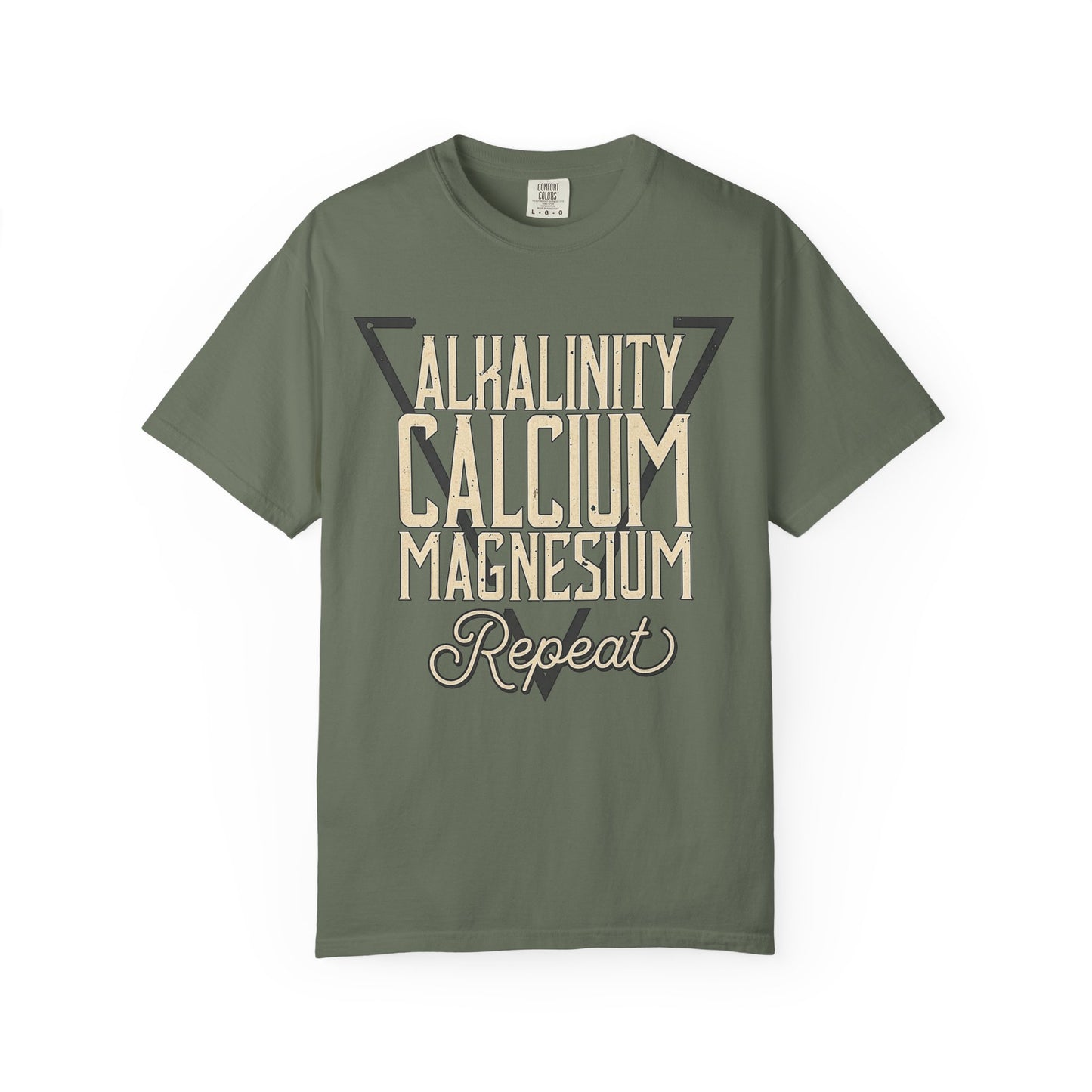 Broke Reefers graphic t-shirt featuring a geometric triangle design with the text: ALKALINITY, CALCIUM, MAGNESIUM, REPEAT, military green crew neck tee