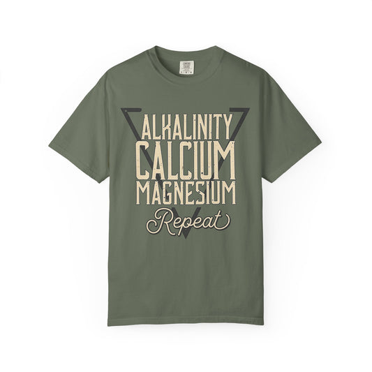 Broke Reefers graphic t-shirt featuring a geometric triangle design with the text: ALKALINITY, CALCIUM, MAGNESIUM, REPEAT, military green crew neck tee