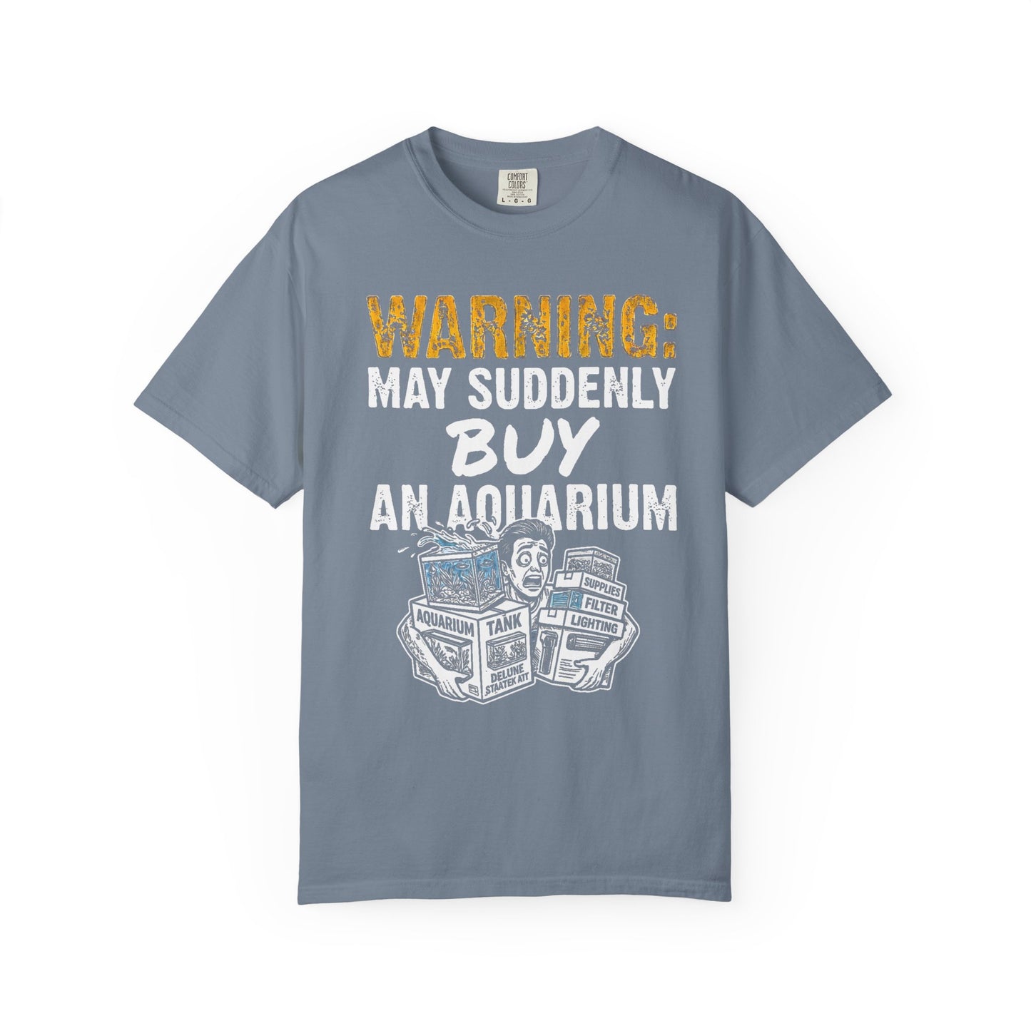Broke Reefers graphic t-shirt featuring a person overwhelmed by aquarium boxes and supplies with the text WARNING: MAY SUDDENLY BUY AN AQUARIUM, [Color] crew neck tee.