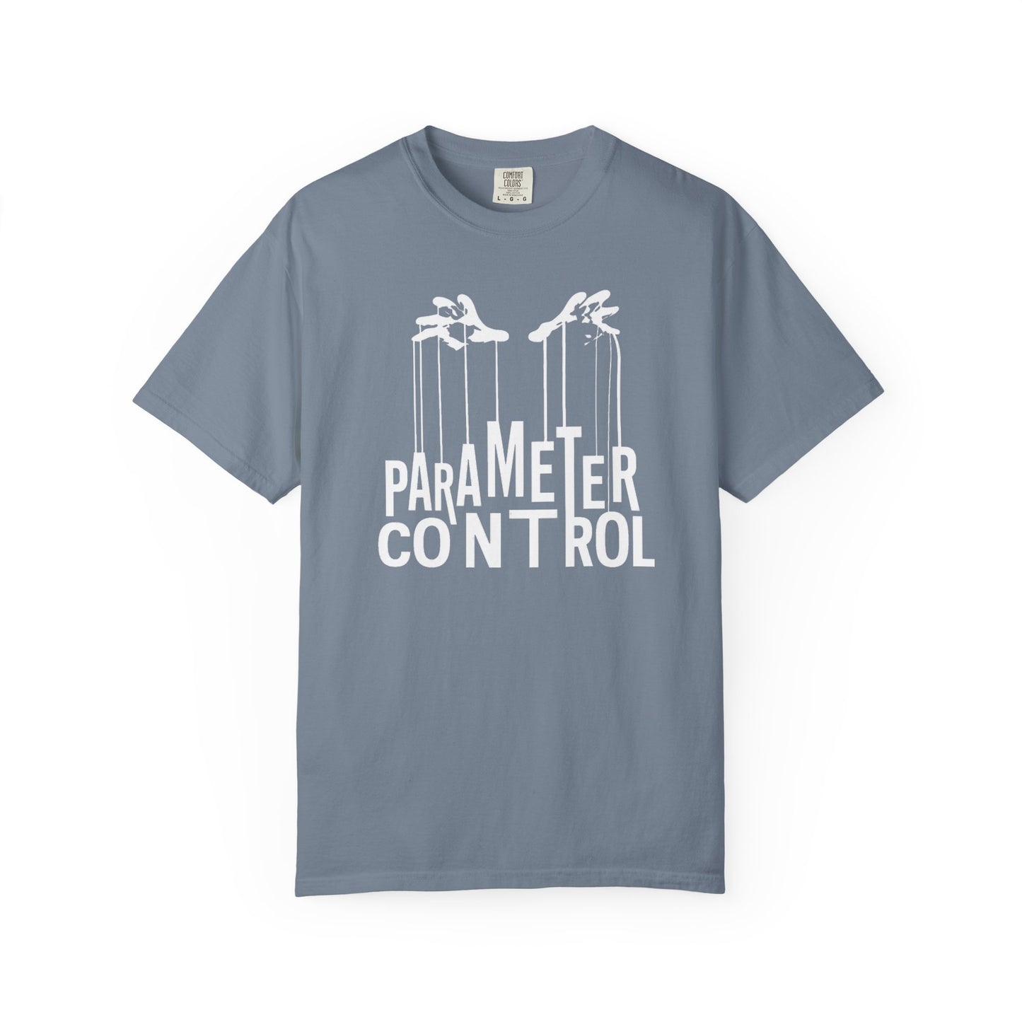 Broke Reefers graphic t-shirt featuring an illustration of hands controlling strings with the text: PARAMETER CONTROL, blue crew neck tee