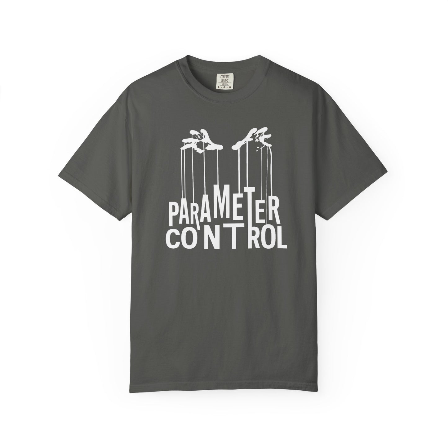 Broke Reefers graphic t-shirt featuring an illustration of hands controlling strings with the text: PARAMETER CONTROL, dark khaki crew neck tee