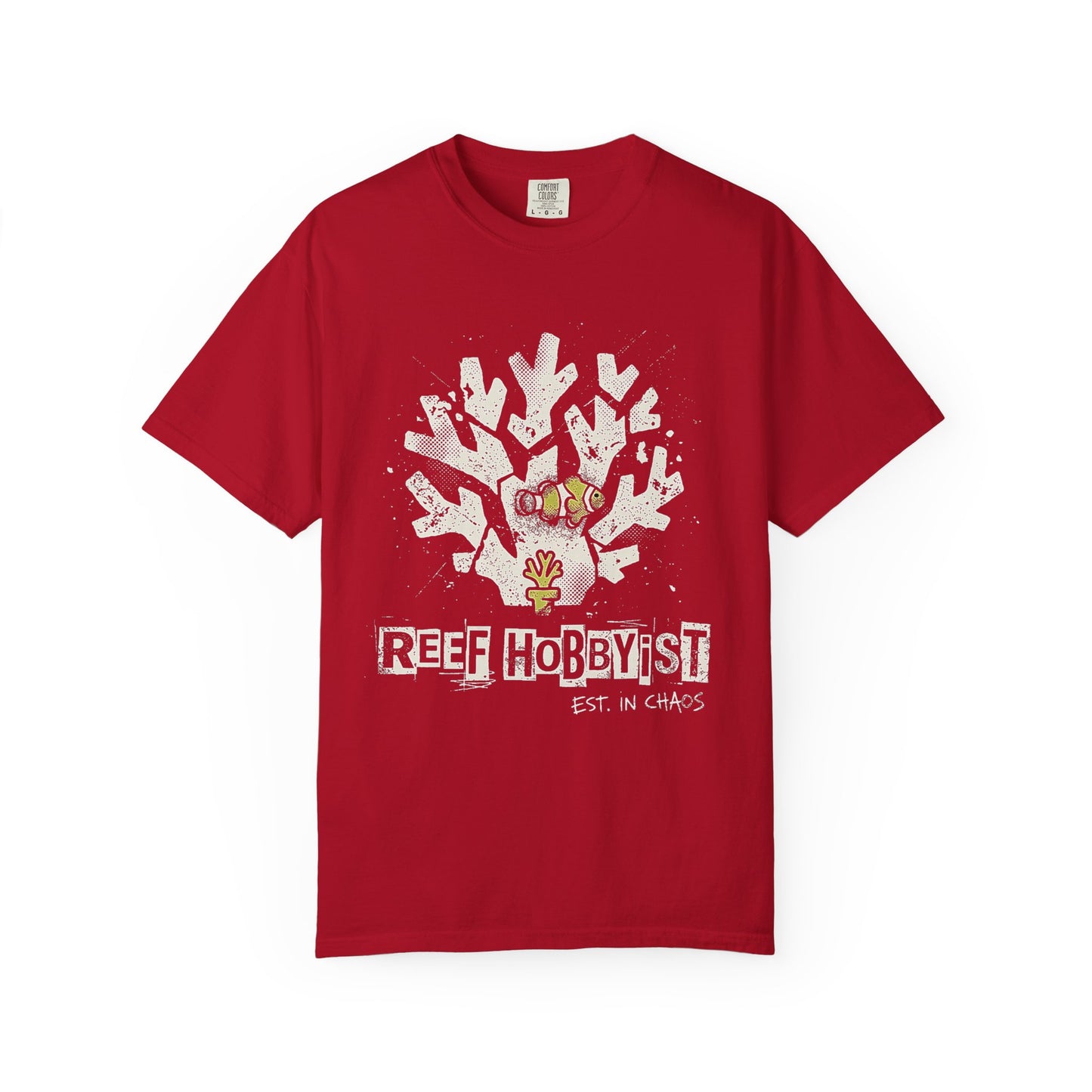 Broke Reefers graphic t-shirt featuring a bold silhouette illustration of a clownfish and coral with the text: REEF HOBBYIST, EST. IN CHAOS, red crew neck tee