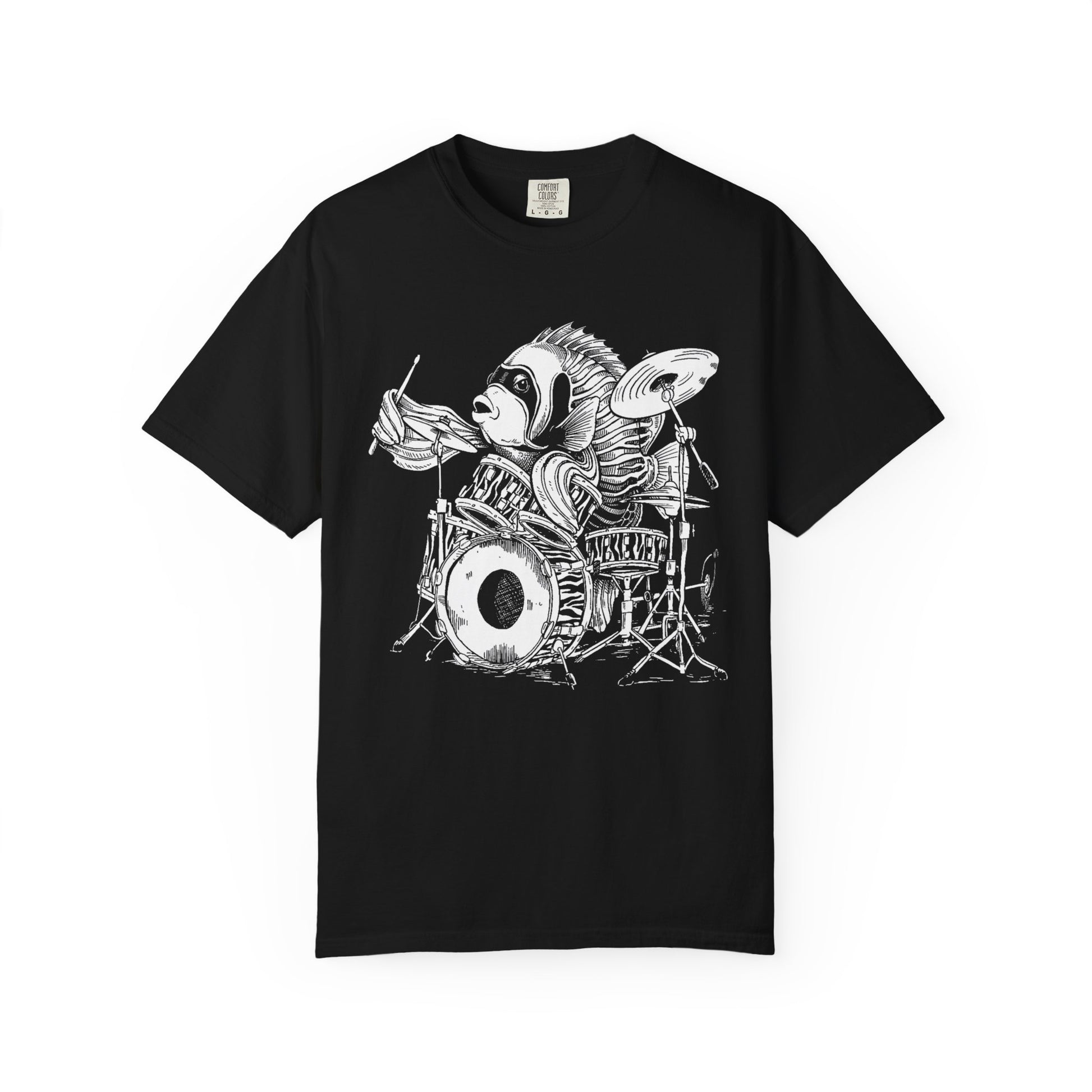 Broke Reefers saltwater aquarium graphic t-shirt featuring a detailed black-and-white illustration of an Emperor Angelfish playing a drum kit,  black crew neck tee