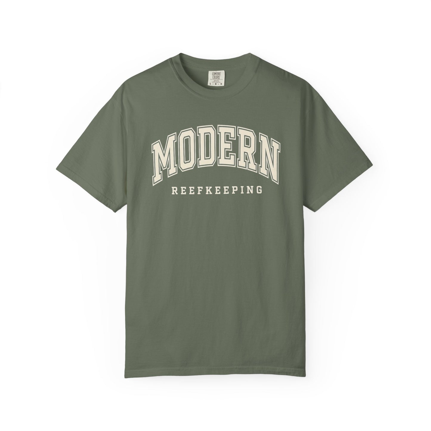 Broke Reefers saltwater aquarium graphic t-shirt featuring classic, arched collegiate-style text that reads: MODERN REEFKEEPING, military green crew neck tee