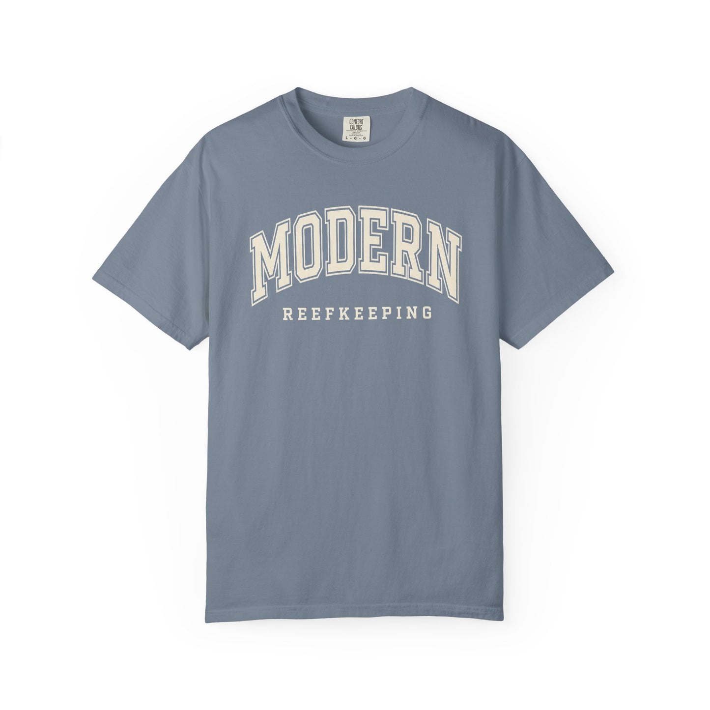 Broke Reefers saltwater aquarium graphic t-shirt featuring classic, arched collegiate-style text that reads: MODERN REEFKEEPING, blue crew neck tee