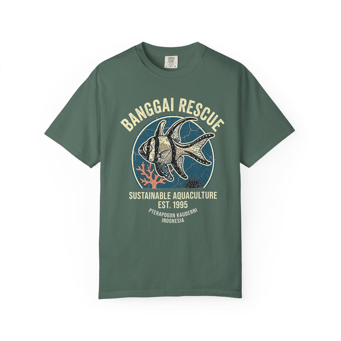 Broke Reefers saltwater aquarium graphic t-shirt featuring a detailed, vintage-style badge illustration of a Banggai Cardinalfish with the text: BANGGAI RESCUE SUSTAINABLE AQUACULTURE EST. 1995 PTERAPOGON KAUDERNI INDONESIA, military green crew neck tee
