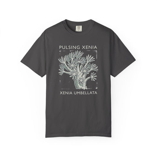 Broke Reefers graphic t-shirt featuring a detailed illustration of Pulsing Xenia coral with the text: PULSING XENIA, XENIA UMBELLATA, dark khaki crew neck tee