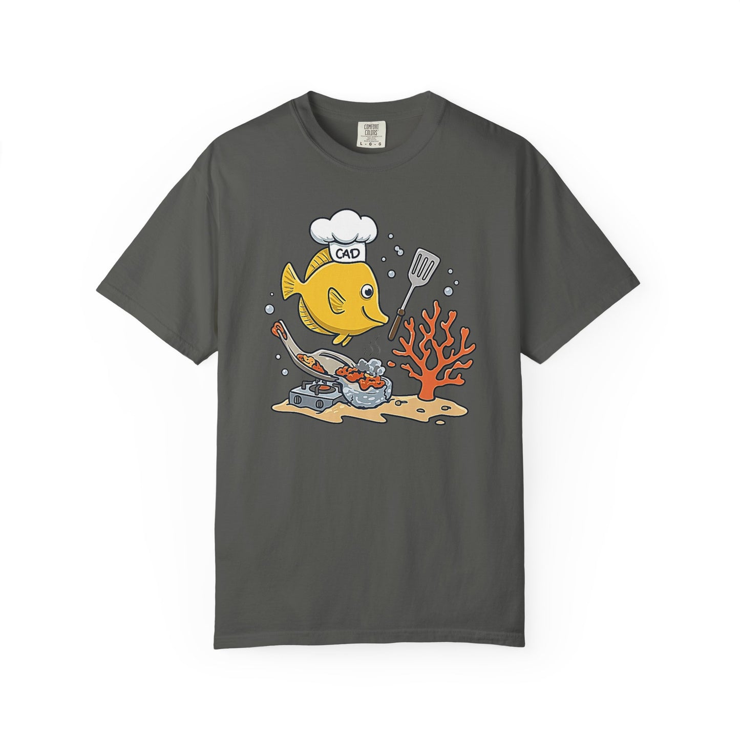 Broke Reefers saltwater aquarium graphic t-shirt featuring a cartoon illustration of a Yellow Tang wearing a chef hat labeled 'CAD' and cooking fish food, dark khaki crew neck tee