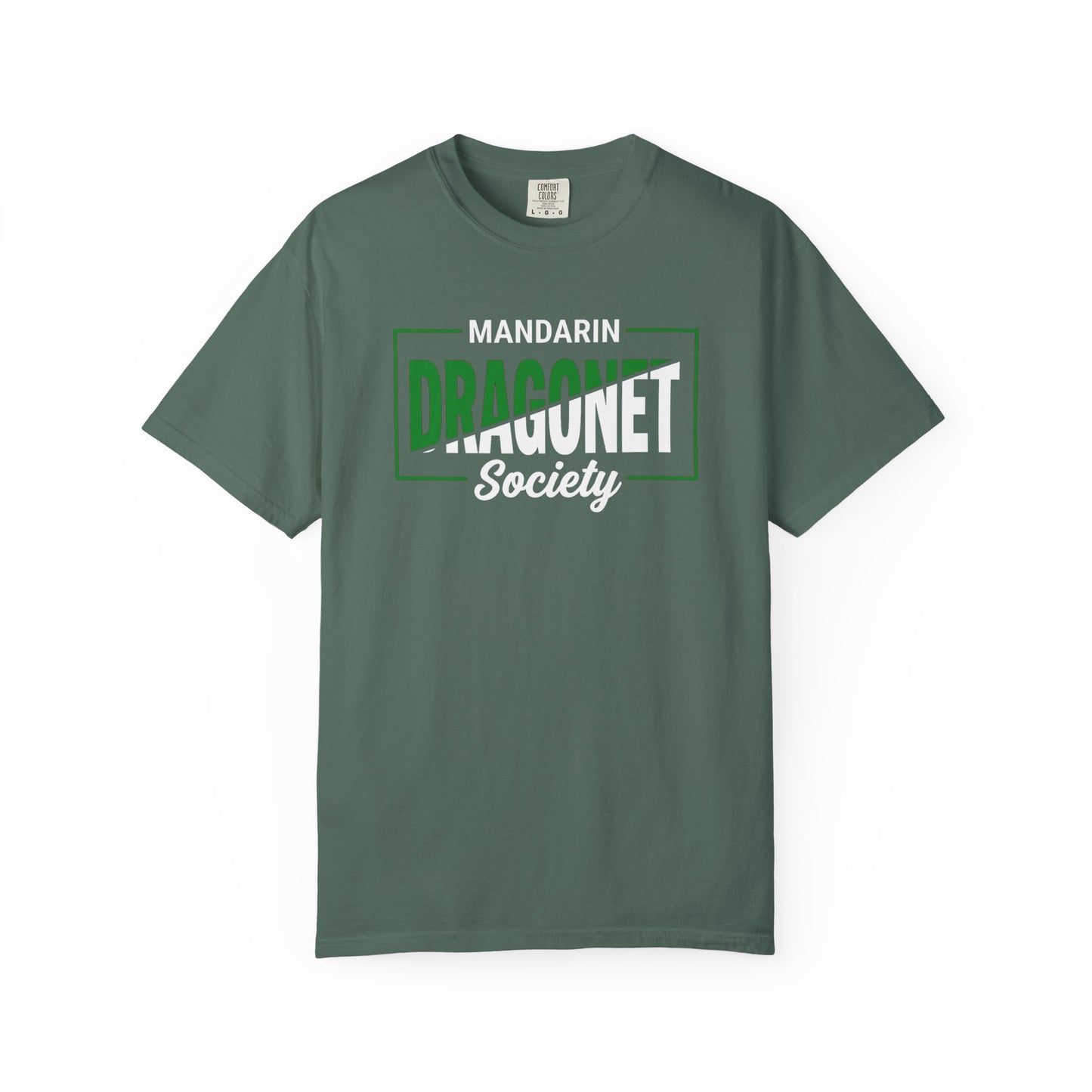 Broke Reefers saltwater aquarium graphic t-shirt featuring modern, bold typography that reads: MANDARIN DRAGONET Society, military green crew neck tee