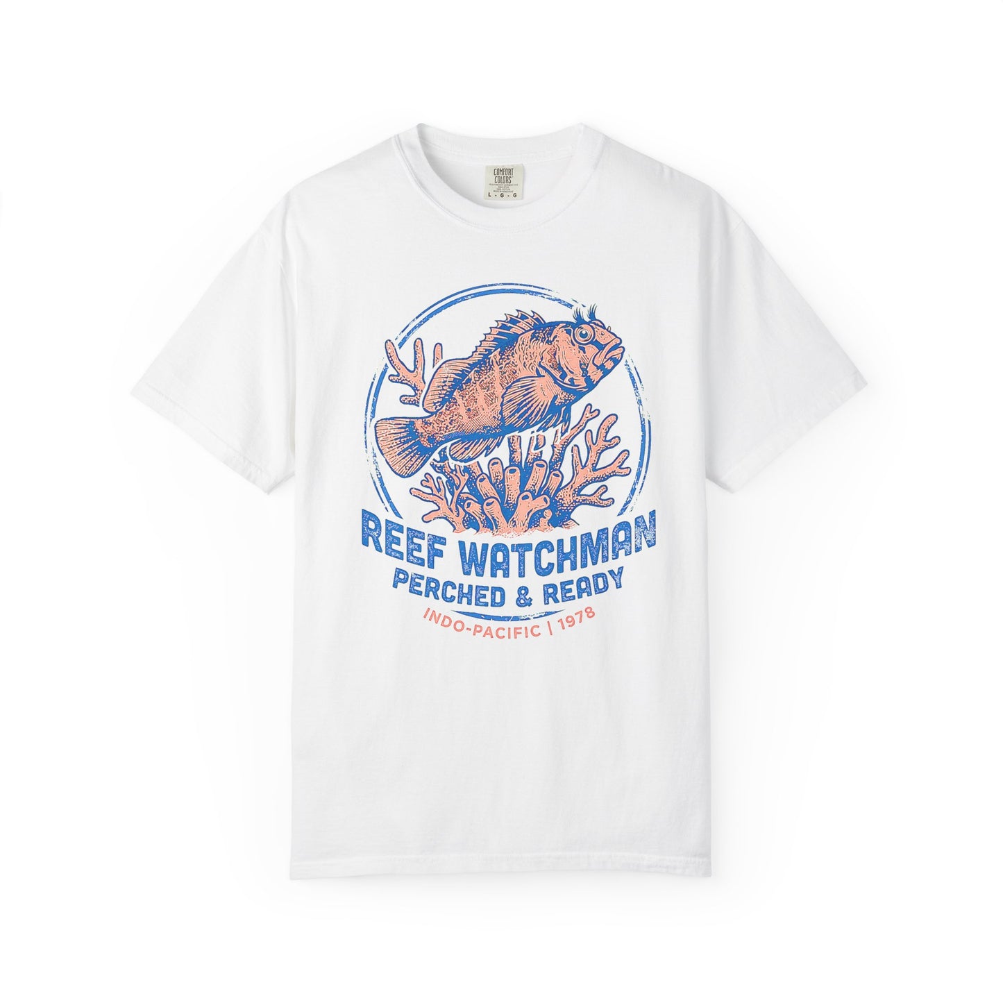 Broke Reefers saltwater aquarium graphic t-shirt featuring a detailed, vintage-style badge illustration of a blenny on coral with the text: REEF WATCHMAN PERCHED & READY INDO-PACIFIC | 1978, white crew neck tee