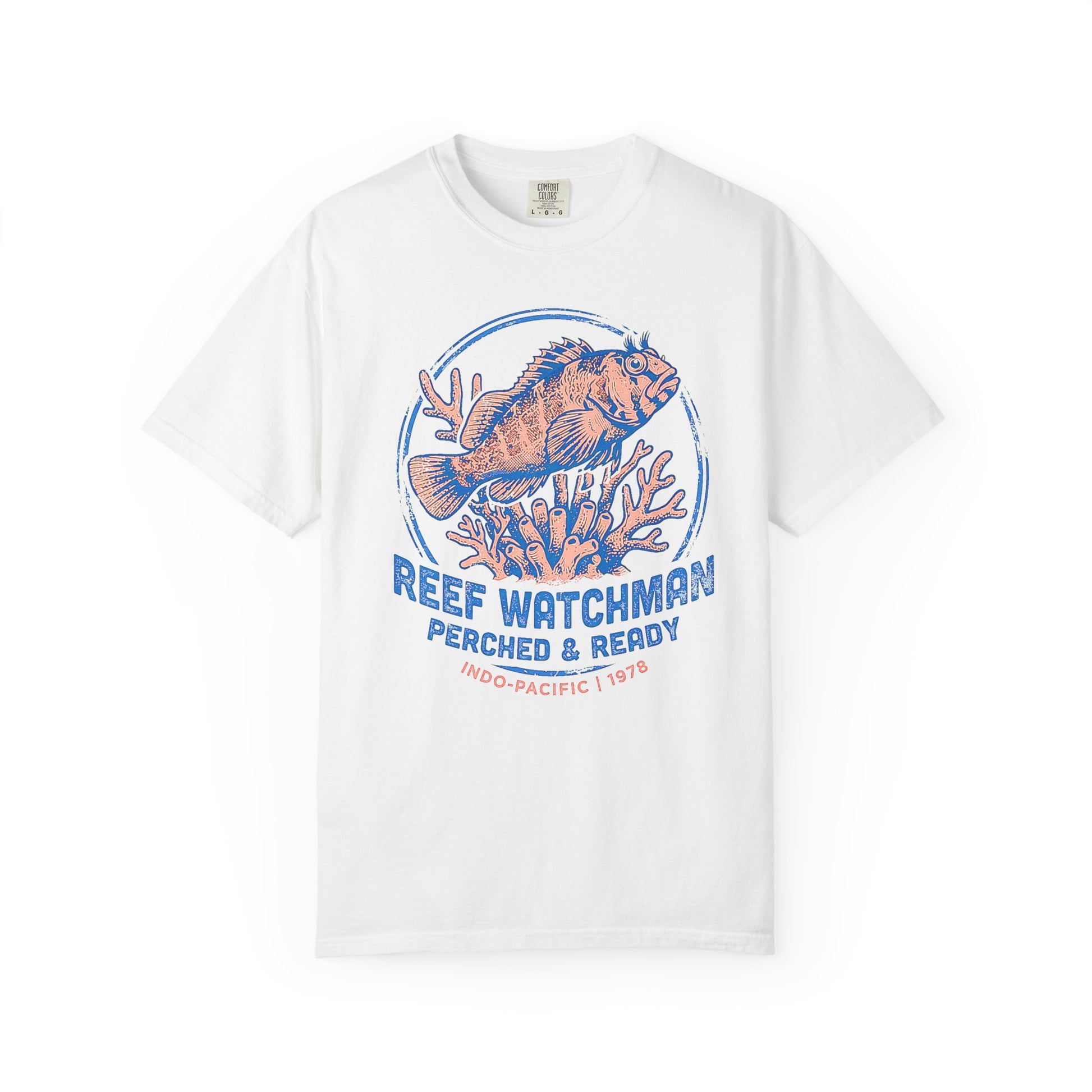 Broke Reefers saltwater aquarium graphic t-shirt featuring a detailed, vintage-style badge illustration of a blenny on coral with the text: REEF WATCHMAN PERCHED & READY INDO-PACIFIC | 1978, white crew neck tee