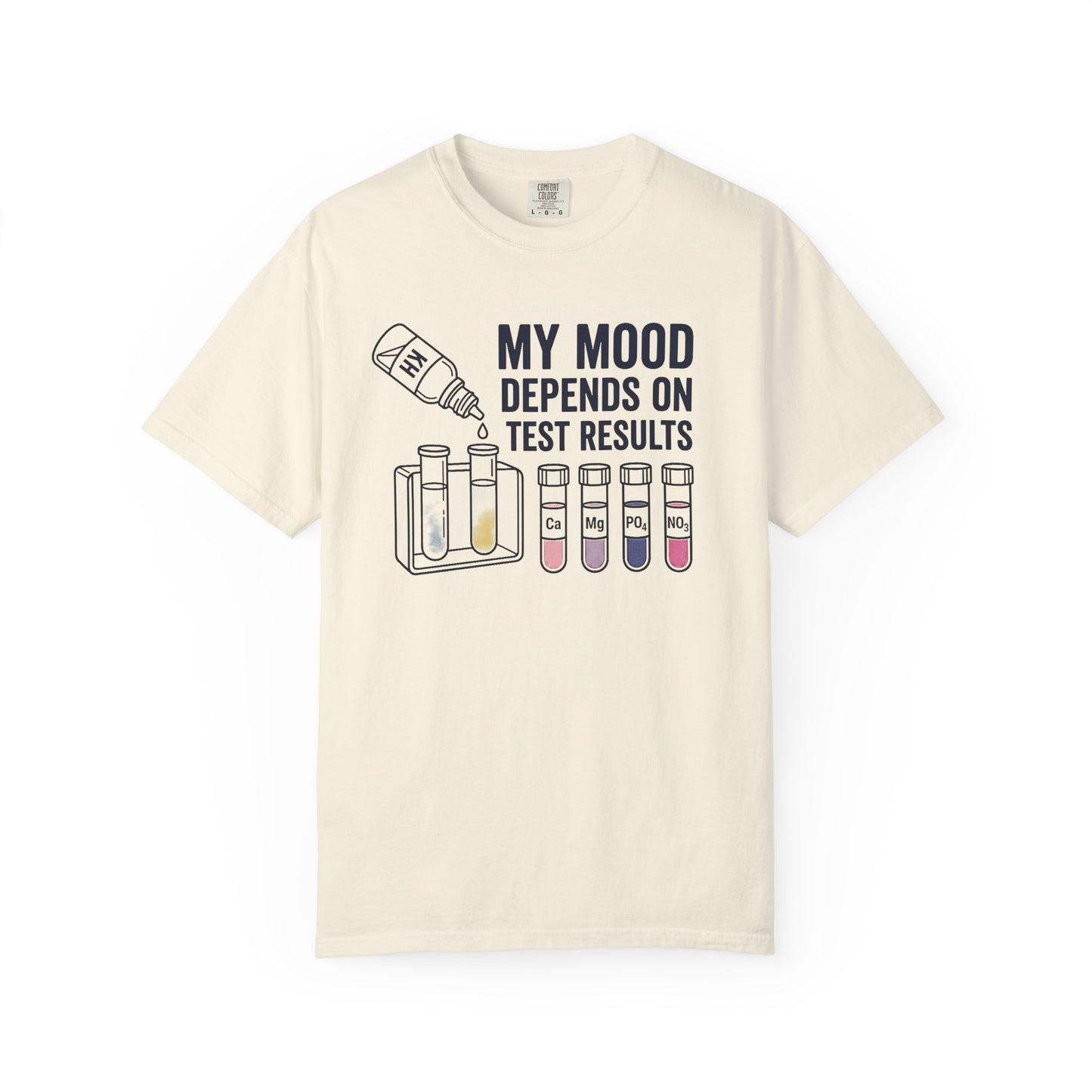 Broke Reefers graphic t-shirt featuring an illustration of KH testing and various chemical test vials with the text: MY MOOD DEPENDS ON TEST RESULTS, cream beige crew neck tee