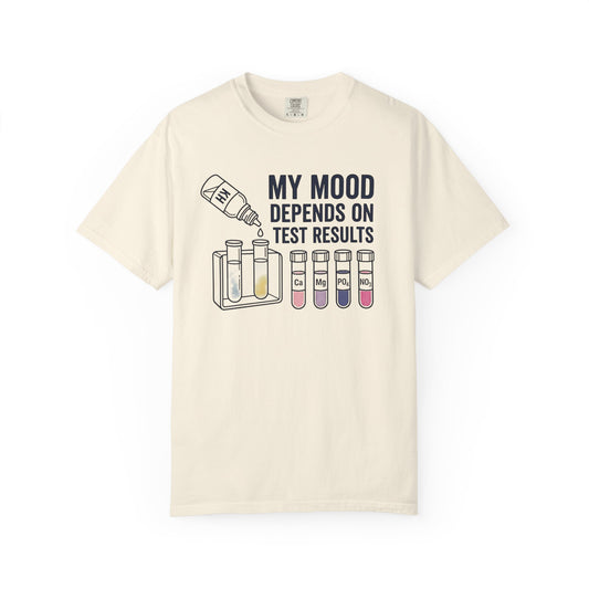 Broke Reefers graphic t-shirt featuring an illustration of KH testing and various chemical test vials with the text: MY MOOD DEPENDS ON TEST RESULTS, cream beige crew neck tee