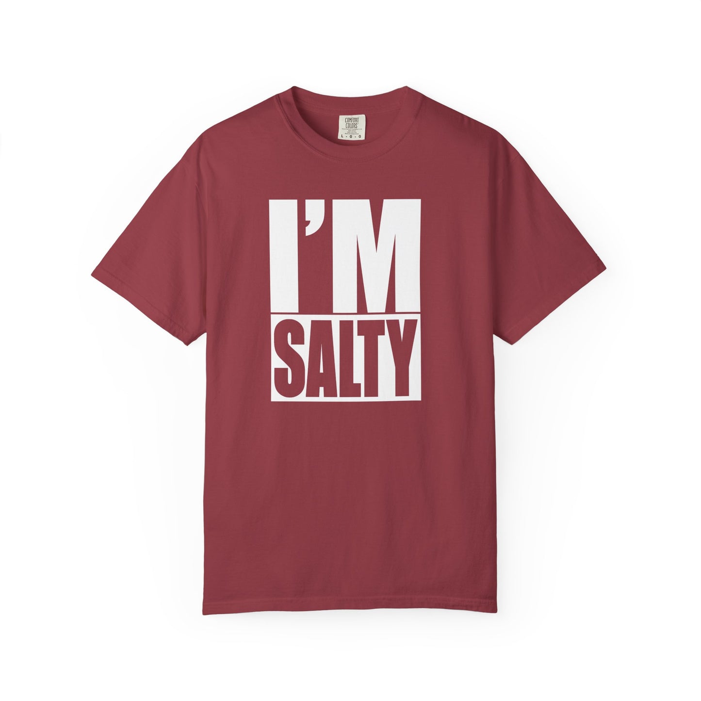 Broke Reefers graphic t-shirt featuring a bold, minimalist block-text design that reads: I’M SALTY, maroon crew neck tee