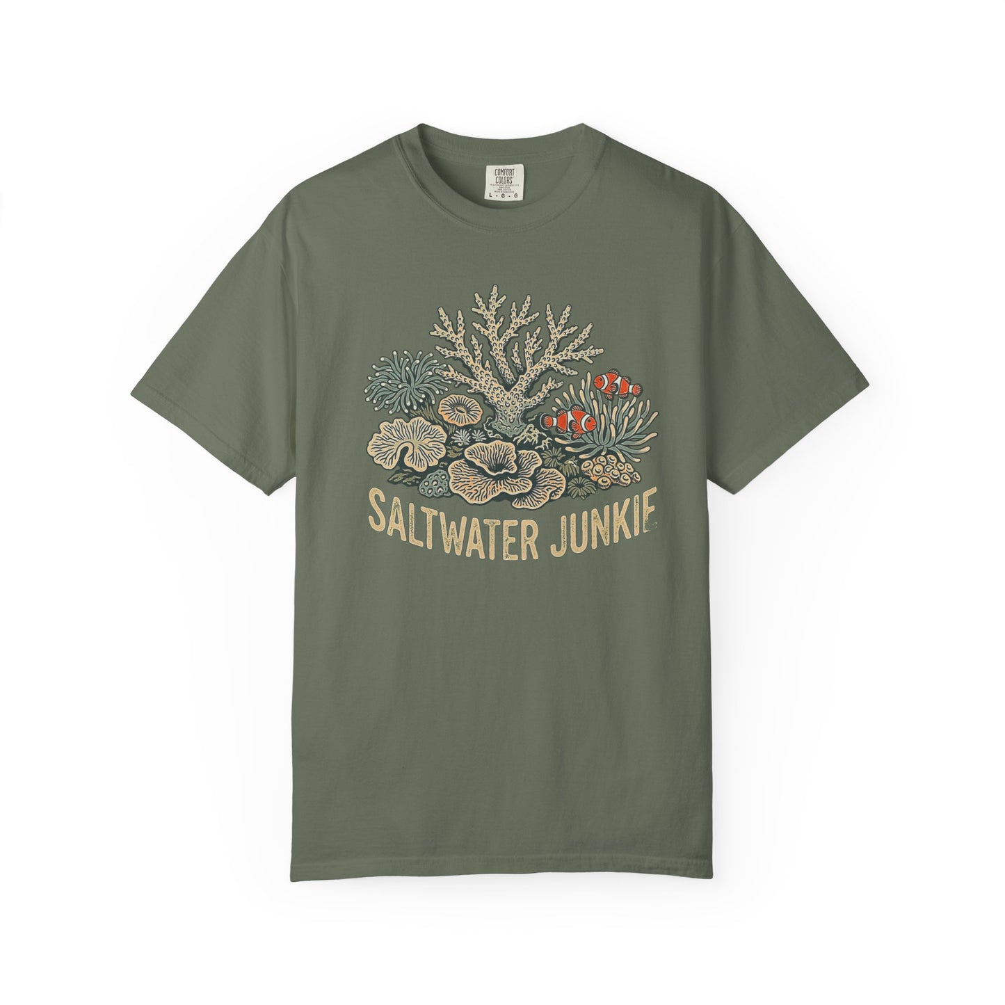 Broke Reefers graphic t-shirt featuring a detailed illustration of a coral reef with clownfish and the text: SALTWATER JUNKIE, military green crew neck tee