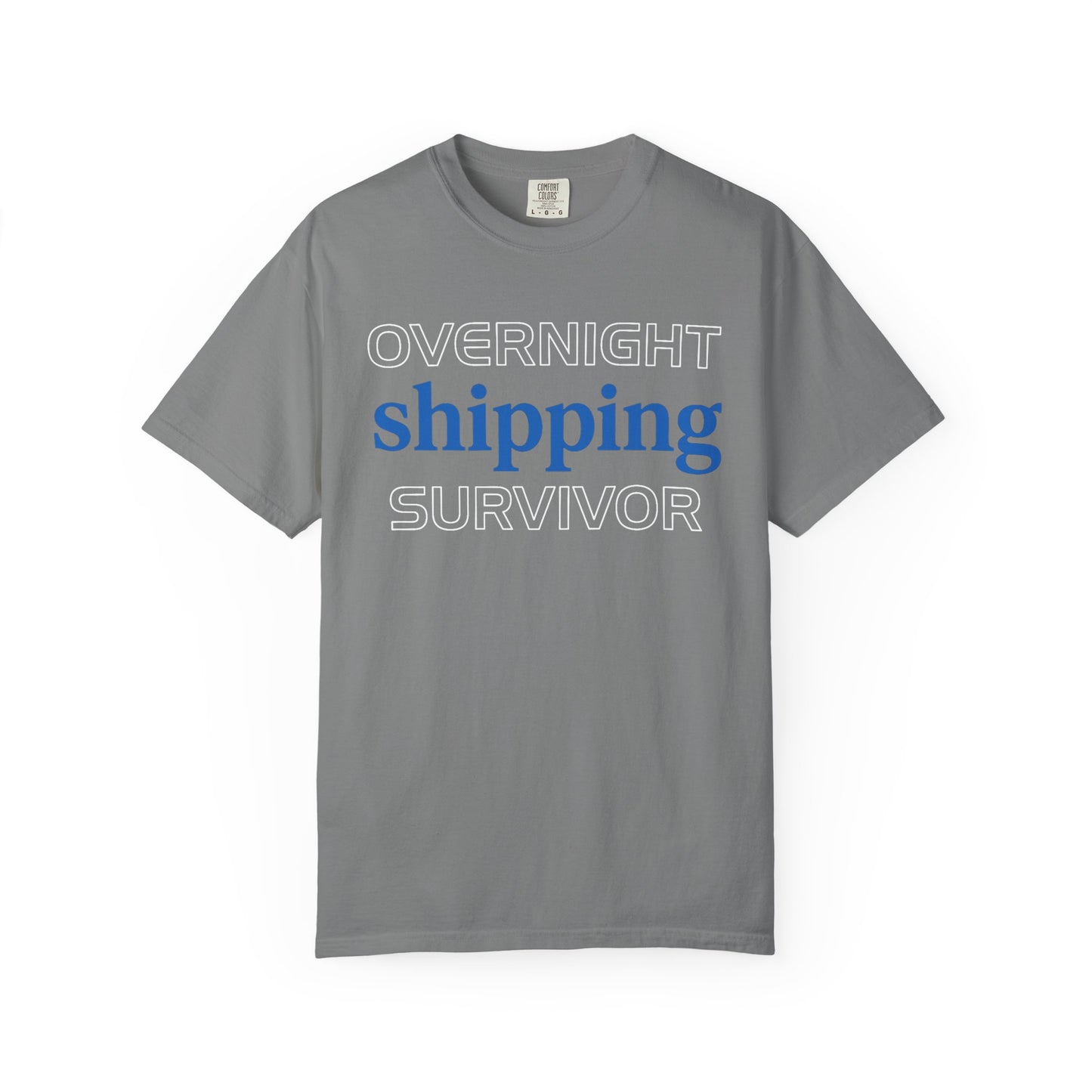 Broke Reefers saltwater aquarium graphic t-shirt featuring clean, bold typography that reads: OVERNIGHT shipping SURVIVOR, grey crew neck tee