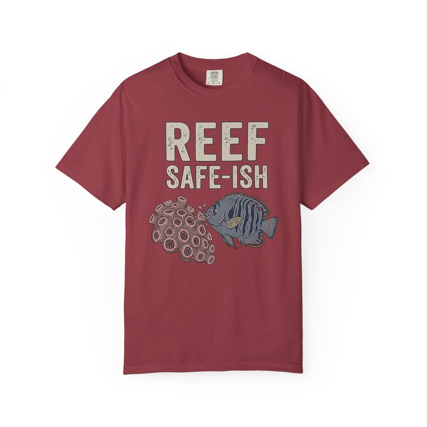 Broke Reefers graphic t-shirt featuring an illustration of a fish and coral with the text: REEF SAFE-ISH, maroon crew neck tee