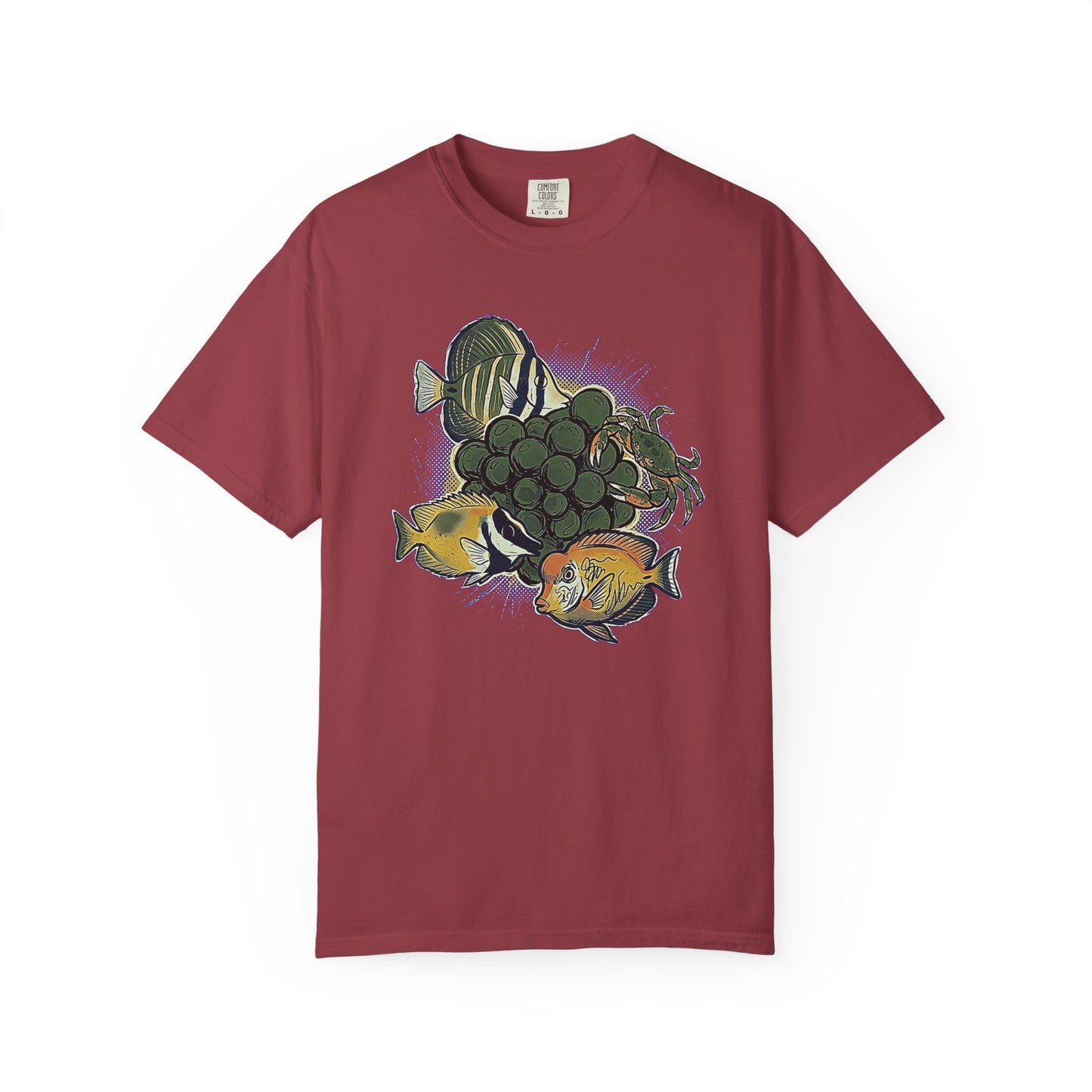 Broke Reefers graphic t-shirt featuring a vibrant illustration of a crab and various fish surrounding a cluster of bubble algae, maroon crew neck tee