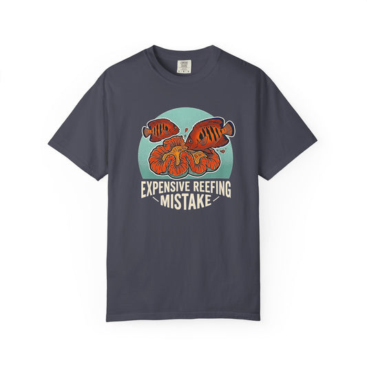 Broke Reefers graphic t-shirt featuring an illustration of a fish eating coral with the text: EXPENSIVE REEFING MISTAKE, navy crew neck tee