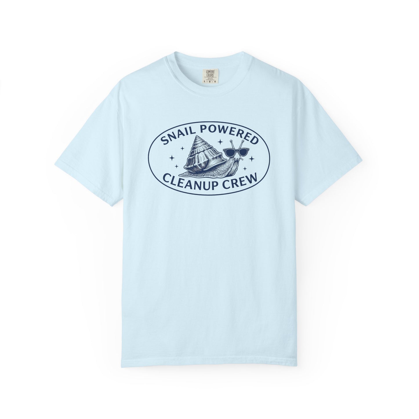 Broke Reefers saltwater aquarium graphic t-shirt featuring an illustration of a cool snail with sunglasses and the text: SNAIL POWERED CLEANUP CREW, light blue crew neck tee