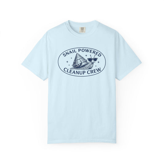 Broke Reefers saltwater aquarium graphic t-shirt featuring an illustration of a cool snail with sunglasses and the text: SNAIL POWERED CLEANUP CREW, light blue crew neck tee