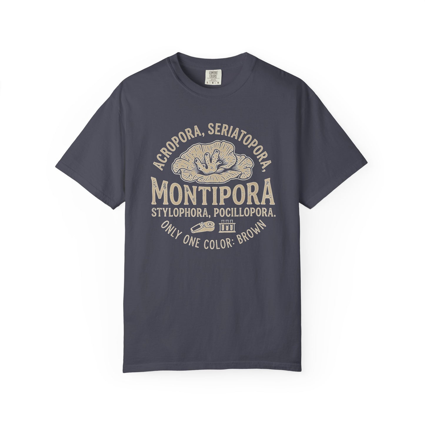 Broke Reefers saltwater aquarium graphic t-shirt featuring a vintage-style design listing SPS coral genera with the text: ONLY ONE COLOR: BROWN, navy crew neck tee