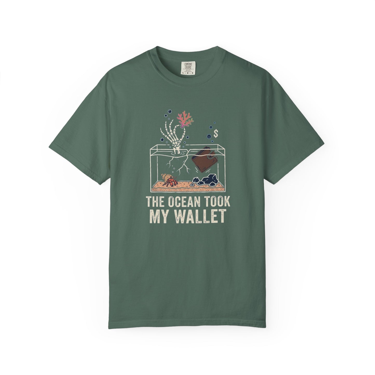 Broke Reefers graphic t-shirt featuring a skeletal hand in a fish tank with a wallet, Comfort colors crew neck tee