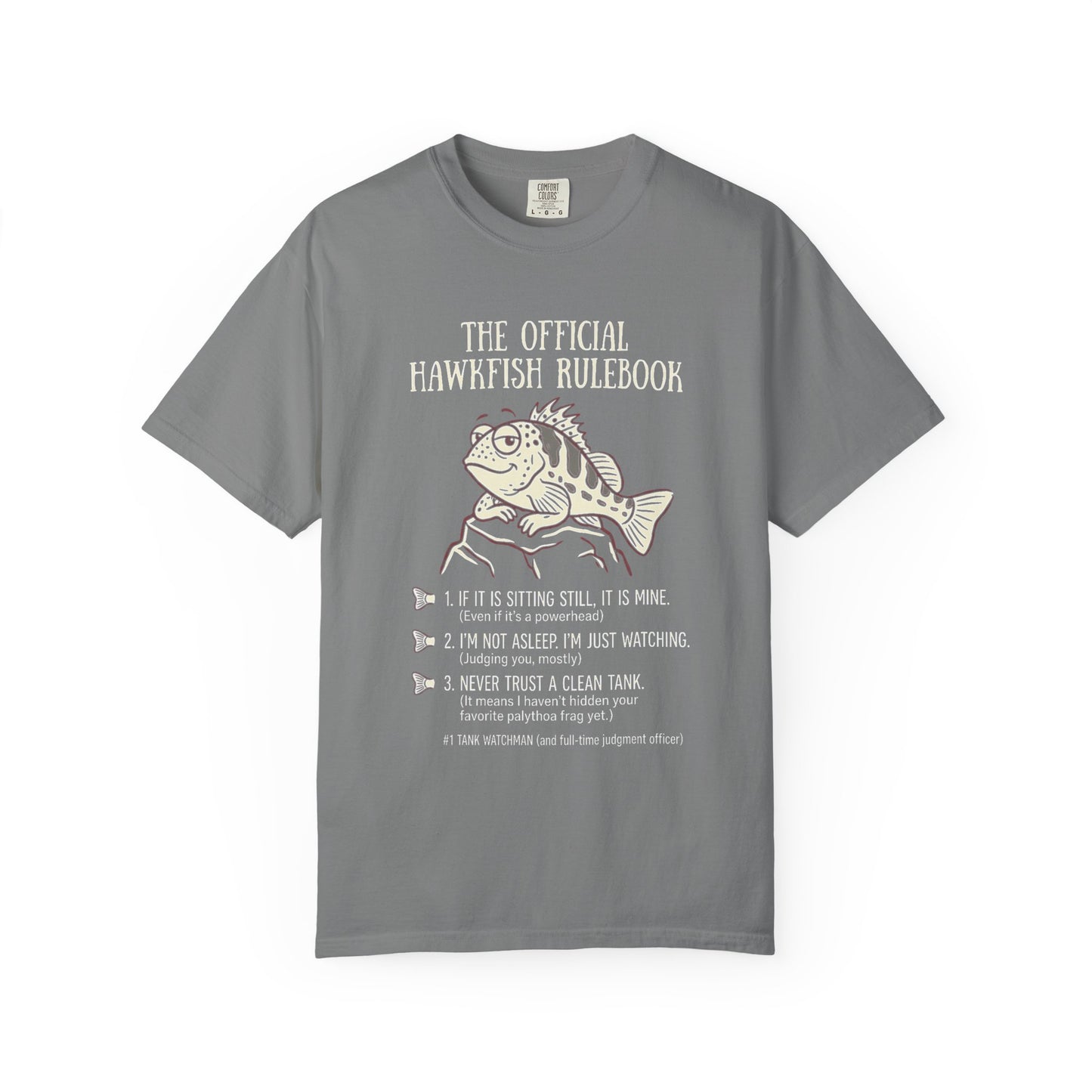 Broke Reefers saltwater aquarium graphic t-shirt featuring a witty rulebook illustration of a hawkfish with the text: THE OFFICIAL HAWKFISH RULEBOOK, grey crew neck tee