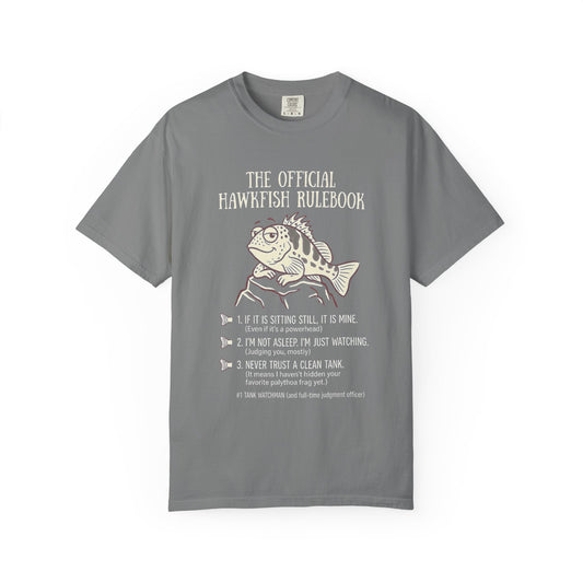 Broke Reefers saltwater aquarium graphic t-shirt featuring a witty rulebook illustration of a hawkfish with the text: THE OFFICIAL HAWKFISH RULEBOOK, grey crew neck tee