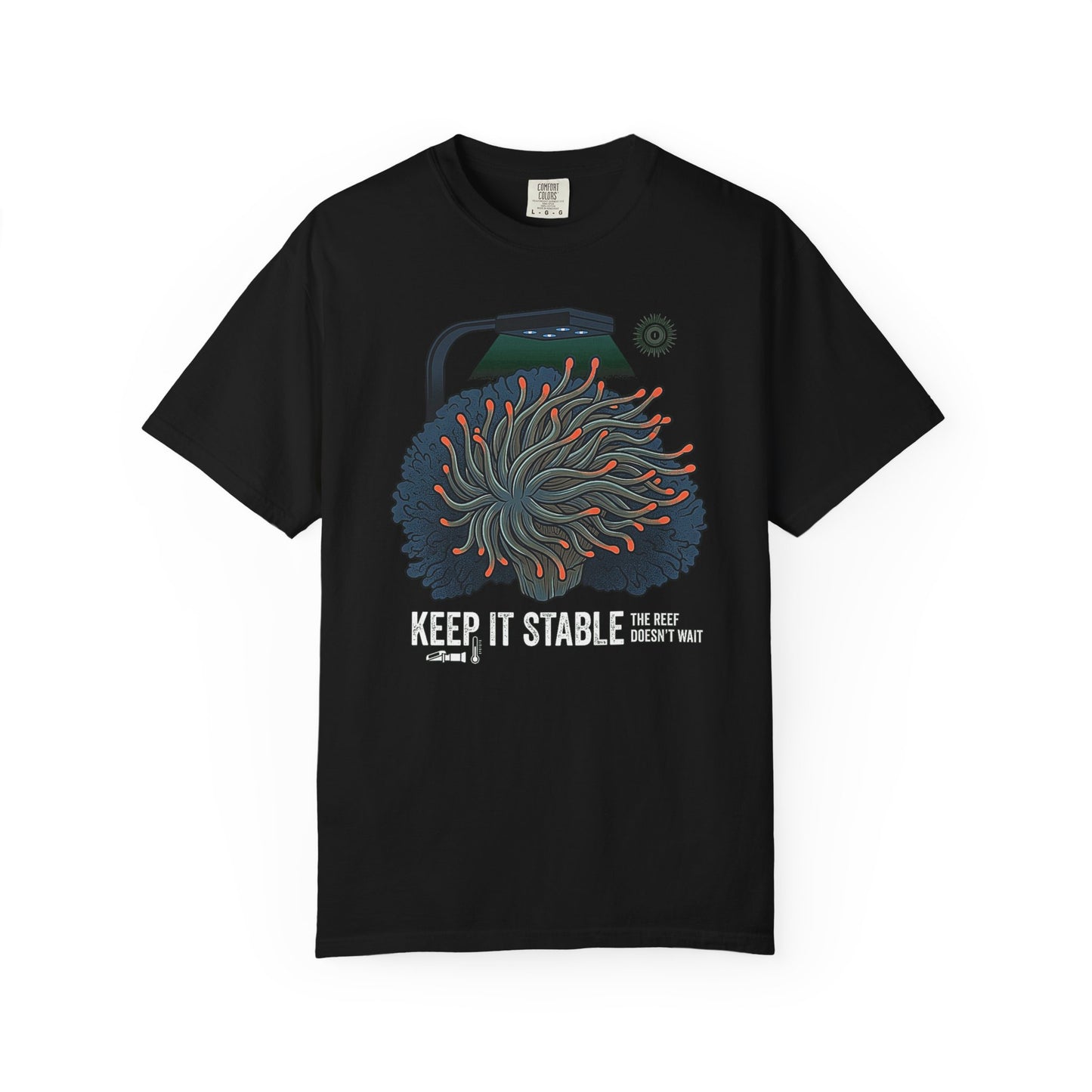 Broke Reefers graphic t-shirt featuring an illustration of an anemone under aquarium lighting with icons for a refractometer and thermometer, and the text: KEEP IT STABLE THE REEF DOESN'T WAIT, black crew neck tee