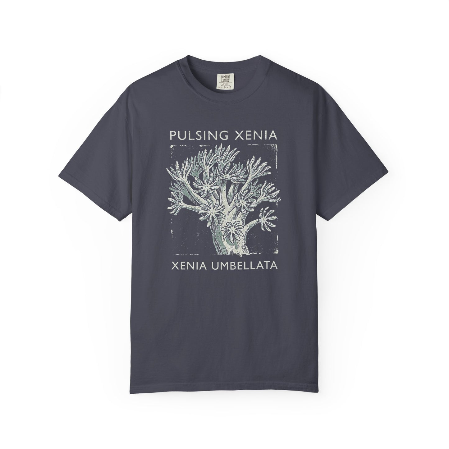 Broke Reefers graphic t-shirt featuring a detailed illustration of Pulsing Xenia coral with the text: PULSING XENIA, XENIA UMBELLATA, navy crew neck tee